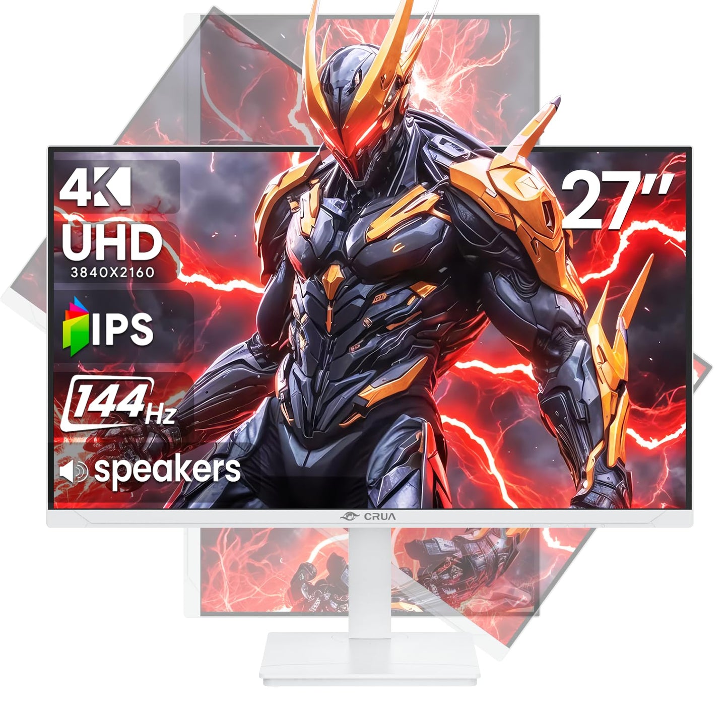 CRUA 27" Gaming Monitor, 144Hz 4K UHD(3840*2160P) IPS Screen, Supports Height/Pivot/Rotating/Tilt Adjustable Vertical Monitor, AMD Freesync, 120% sRGB, Built-in Speakers, Wall Mountable Installs-White