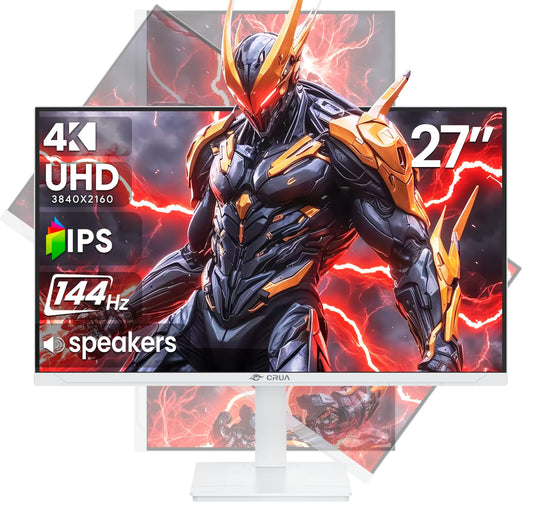 CRUA 27" Gaming Monitor, 144Hz 4K UHD(3840*2160P) IPS Screen, Supports Height/Pivot/Rotating/Tilt Adjustable Vertical Monitor, AMD Freesync, 120% sRGB, Built-in Speakers, Wall Mountable Installs-White