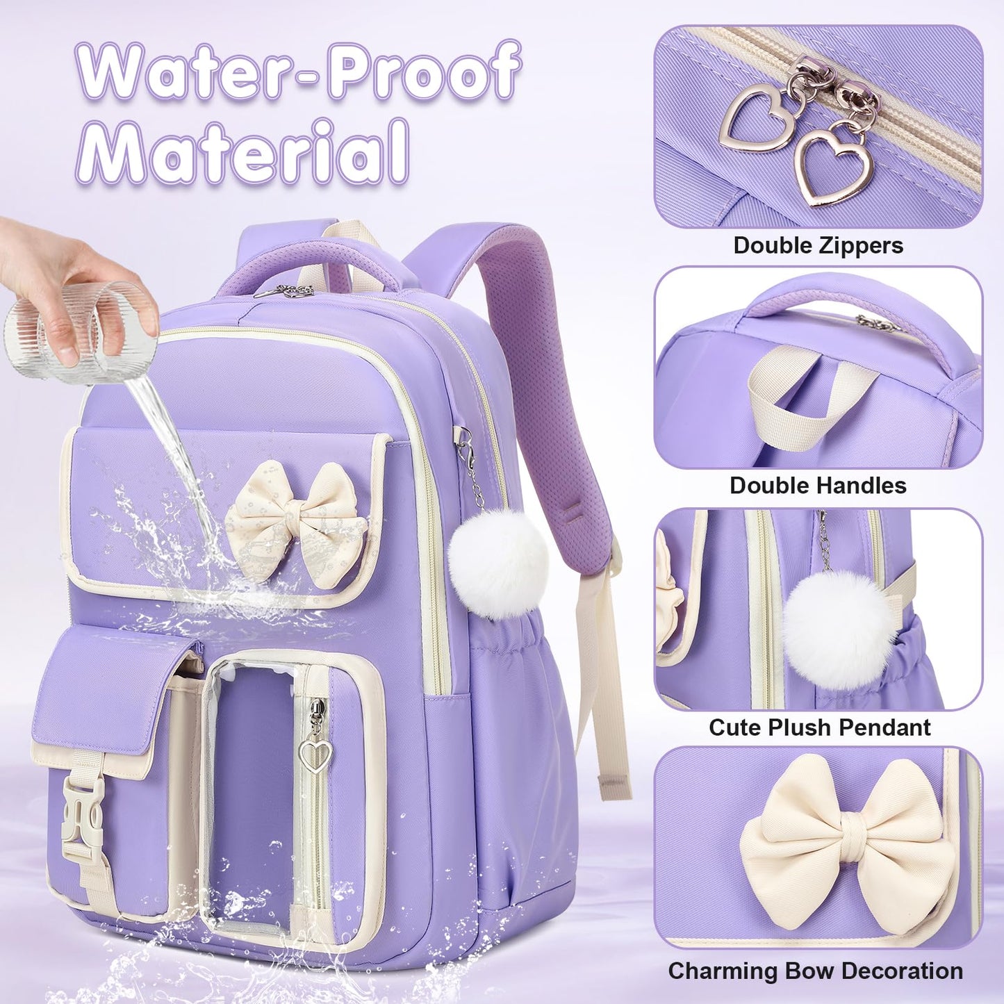 GeeWin Girls Backpack for School with Lunch Box & Pencil Case Set, 17 Inch Waterproof Cute Bow Girls Bookbag for Kids, Teens, Elementary Middle High College School Student (Purple/Beige)