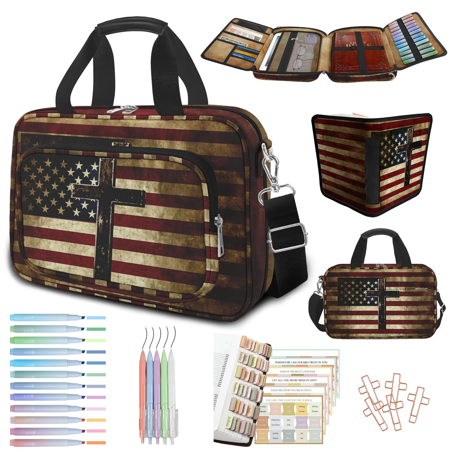 American Flag Cross Bible Cover Case for Women Men Boys, Large Bible Bag Book Carrying Case with Strap & Handle Zipper Pocket, Bible Study Supplies Journaling Kit, Highlighters and Pens Cross Clips