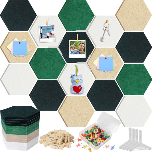 16Pcs Hexagon Felt Cork Board Tiles Self Adhesive Hexagon Wall Tiles with 60 Push Pins 20 Wooden Clips DIY Bulletin Board Pin Boards for School Office Home Photos Memos Display (Green Brown)