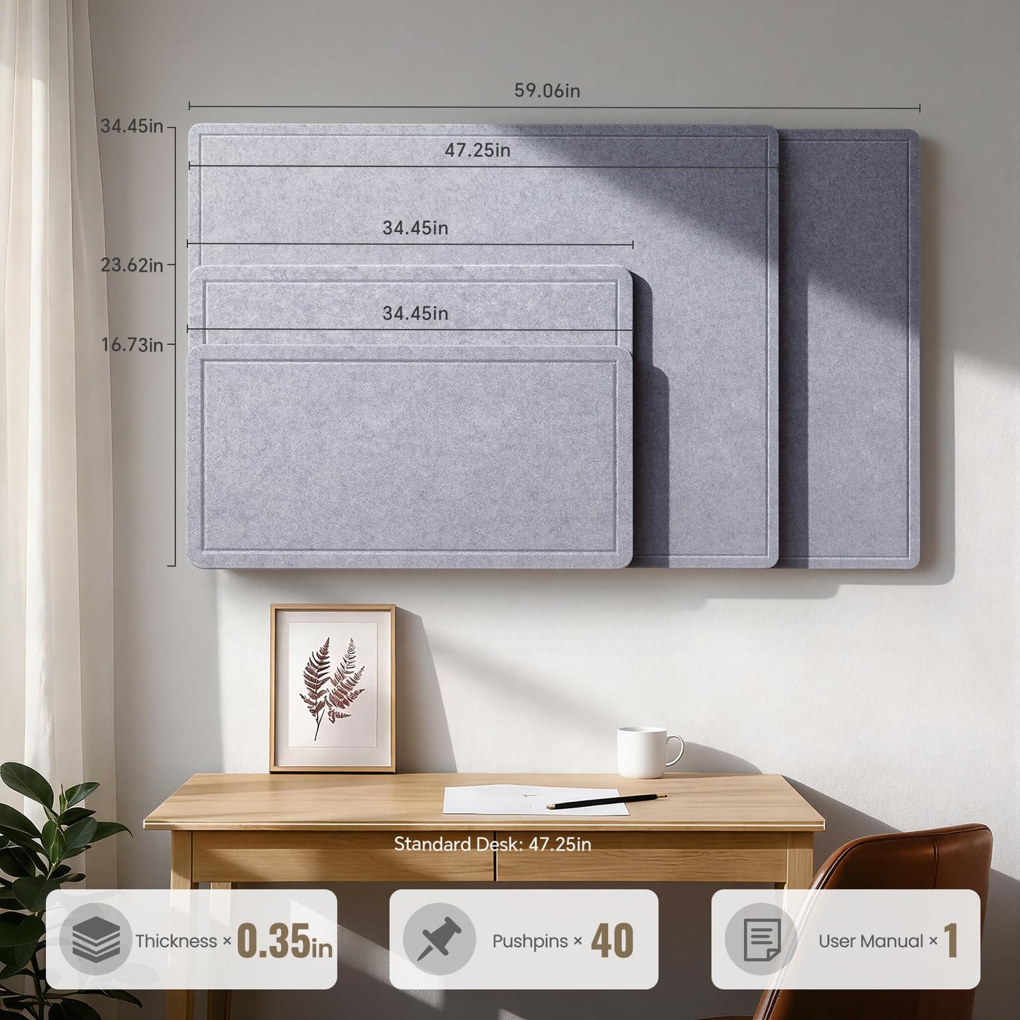 Large Bulletin Board, 35 X 17 Inches Felt Cork Board with 40 Pushpins, Foldable Felt Notice Pin Board Photo Display Board with Self-Adhesive Tape for Office Home School (Light Gray, 35x17 inch)