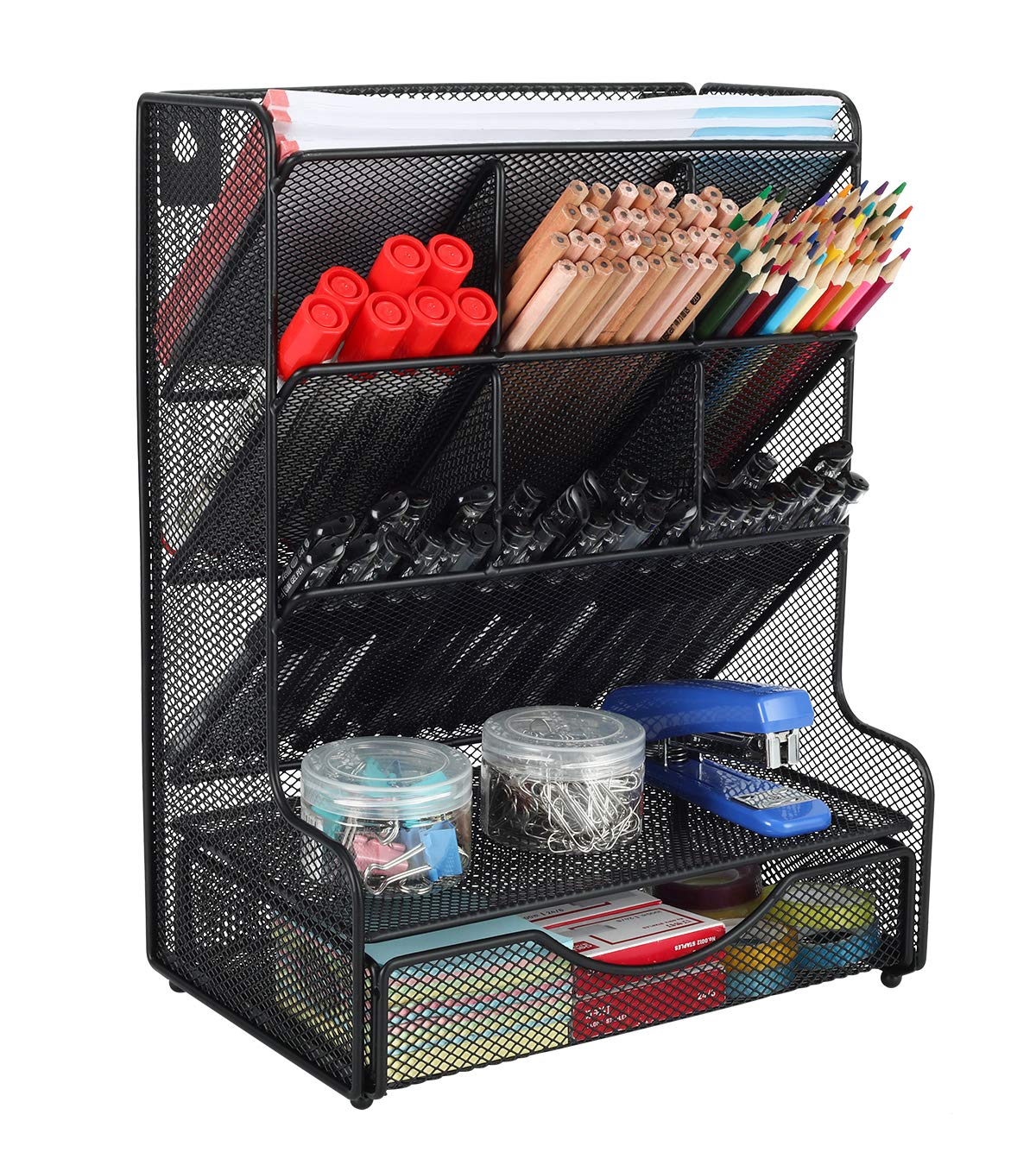 PAG Desk Organizer with Drawer Office Supplies and Accessories Storage Caddy Hanging Wall Shelf Metal Mesh Pencil Holder for Kids, 9 Compartments, Black