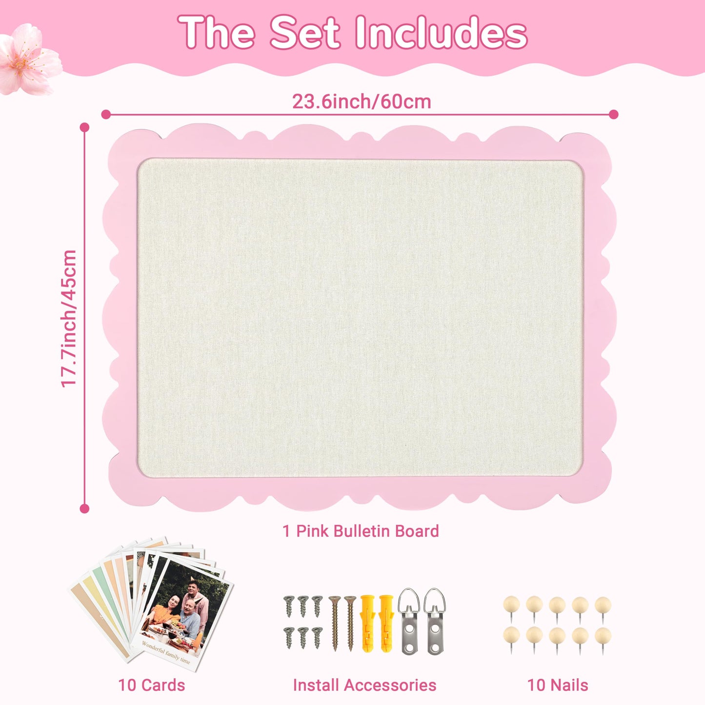 Marribol Scalloped Pin Board with Linen，18’’x24’’,Pink Pine Frame Bulletin Board for Office Home School Girls Dorm Decor, with 10 Cards,10 Pins