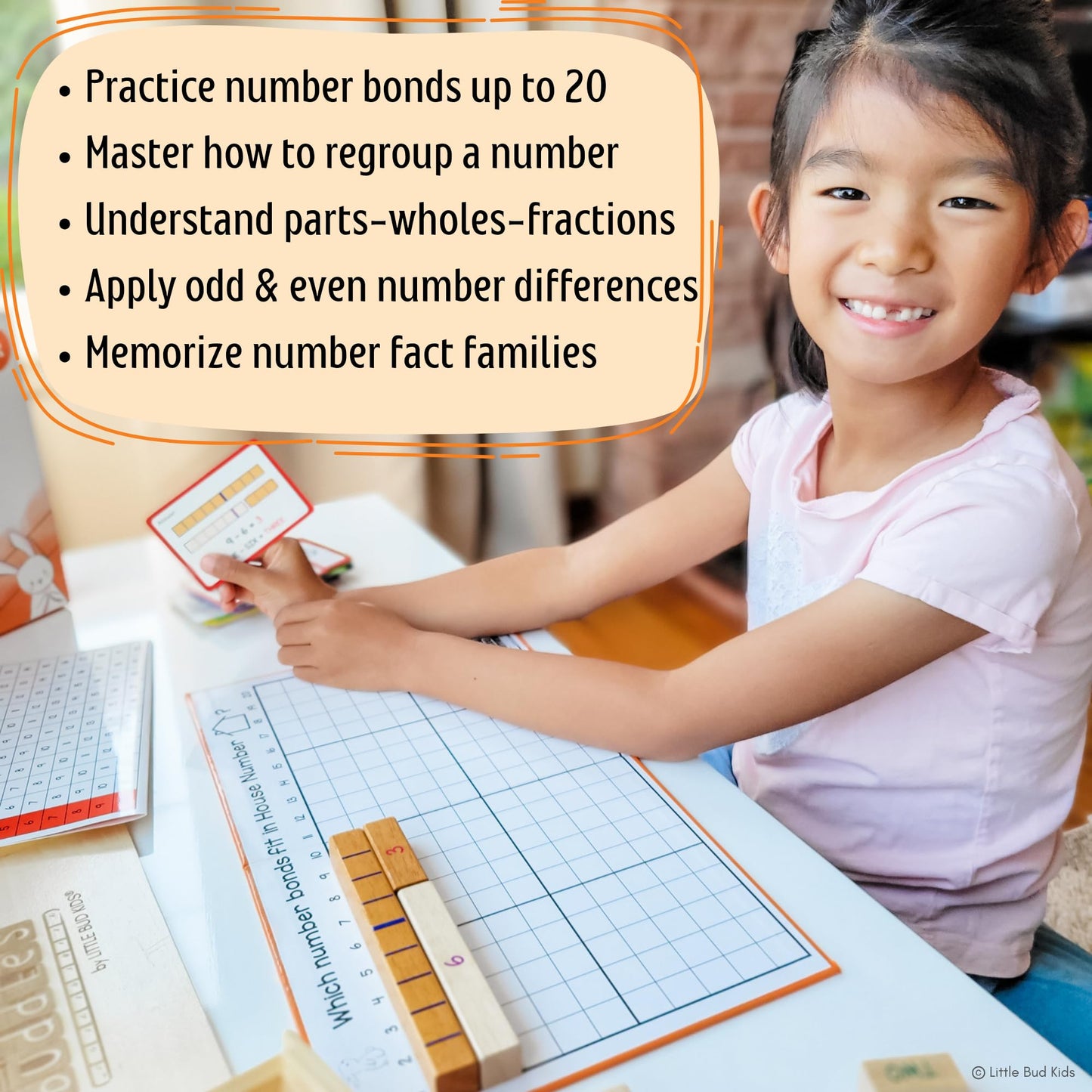 LITTLE BUD KIDS House of Number Buddies Math Game, a Number Bonds Math Toy with Counting Rods and Addition & Subtraction Flash Cards, a Montessori Material for Kids 4-8 Years Old
