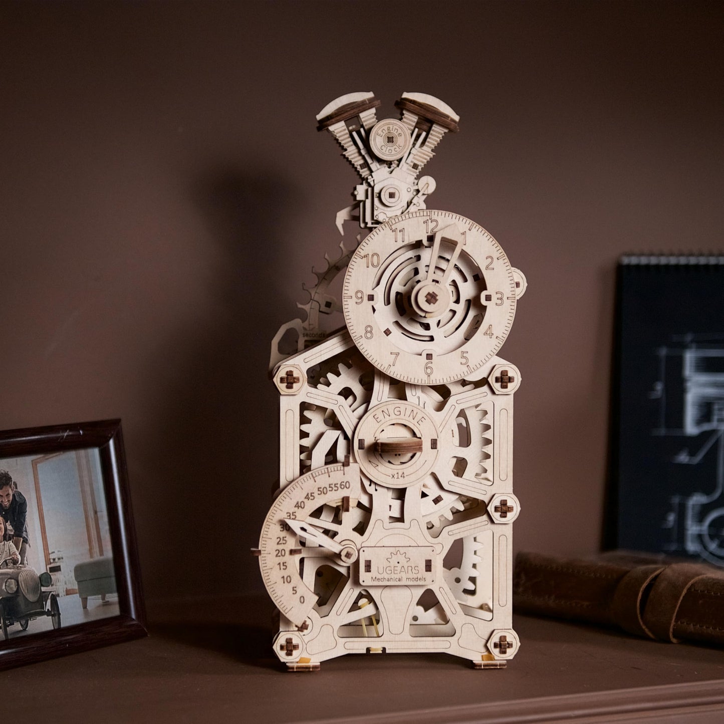UGEARS Engine Clock 3D Wooden Puzzles for Adults – Wooden Model Kits for Adults, Mechanical Clock Kit with Moving Pistons, Steam Engine Kits, Clocks Kits for Do It Yourself, Brain Teaser 3D Puzzle