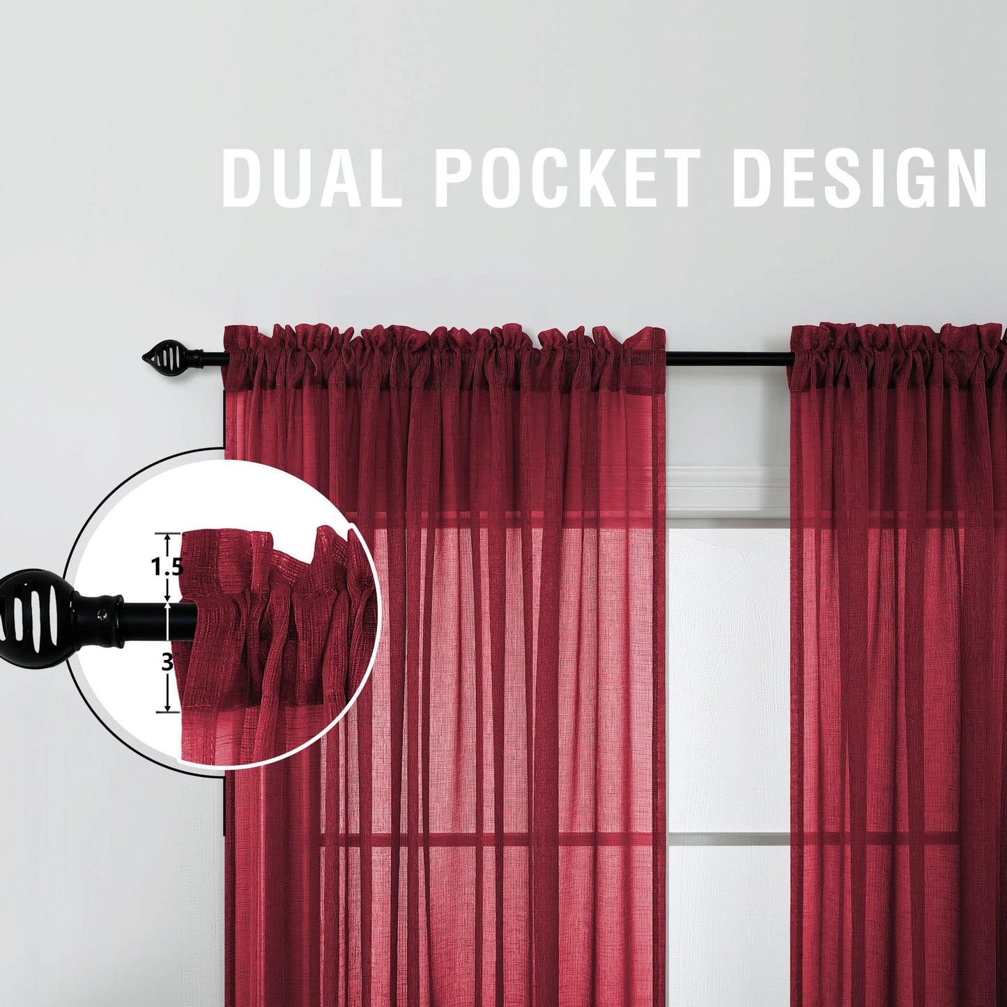 KOUFALL Burgundy Red Curtains 96 Inches Long for Living Room 2 Panel Set Linen Semi Privavy Light Filtering Sheer Drapes for Bedroom 96 Inches Long Dark Wine