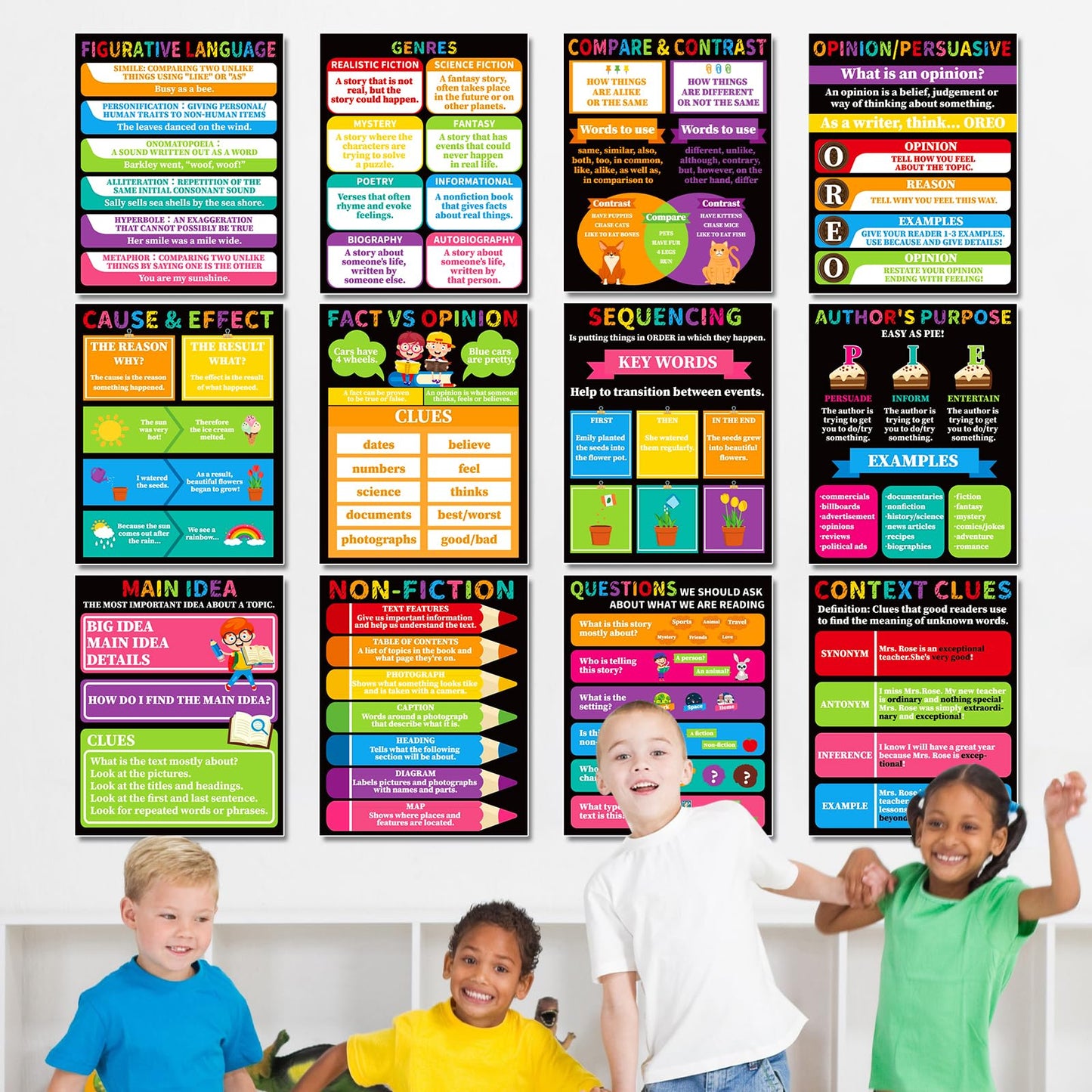 QOUBAI 12Pcs Reading Comprehension Posters for Classroom Chalkboard Bright Bulletin Board Chart Decor Reading Strategies Skills Posters for Elementary Middle High School Corner Wall Decor