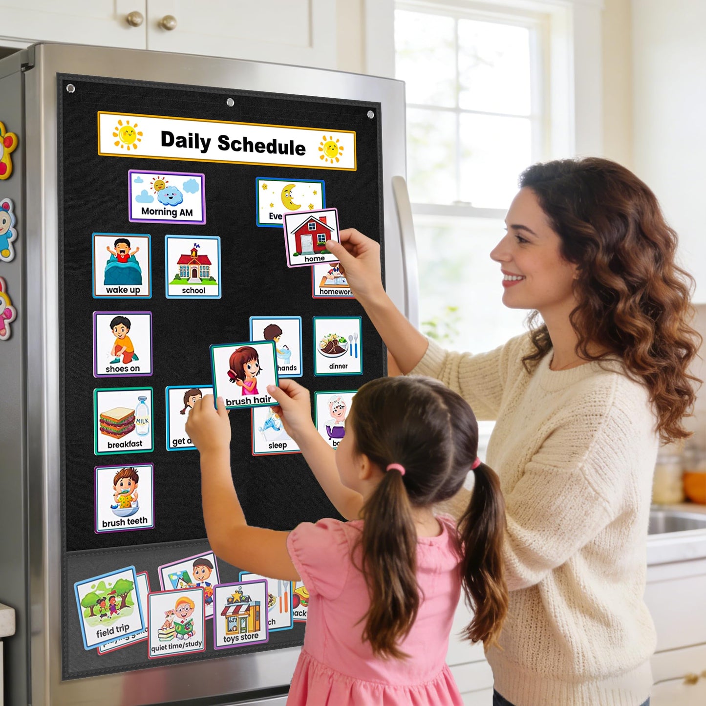 AKAYOK 24"x36" Felt Board for Classroom & Home - Flannel Story Board with Magnets, Transparent Pocket & 30 Self Adhesive Dots | Interactive Learning, Visual Schedule, Storytelling for Teachers & Kid