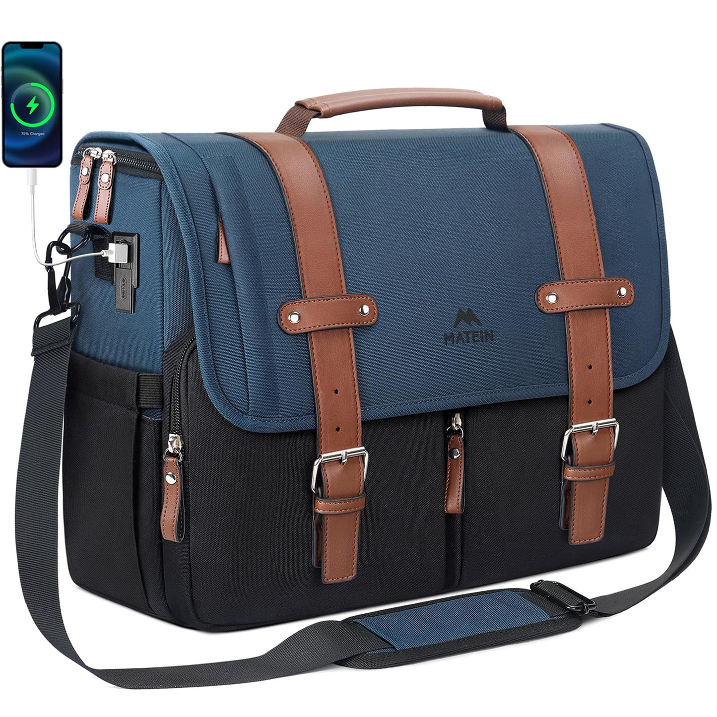 MATEIN Messenger Bag for School with USB Charging Port, Large Crossbody Satchel 15.6 inch Student College Laptop Bags with Shoulder Strap, Water Resistant Work Computer Briefcase for Office Commuting