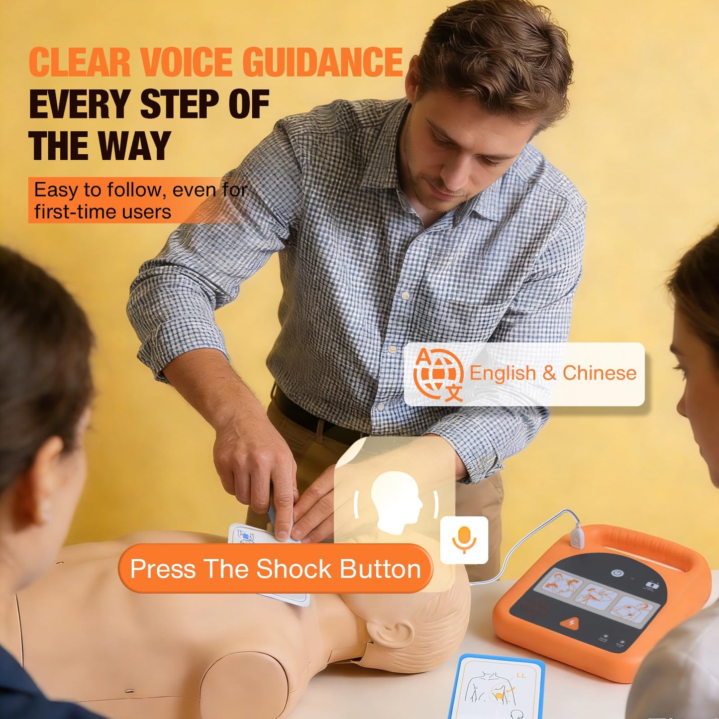 Portable Trainer Device for Emergency Response Courses, with Voice Guidance, 4 Training Modes, Reusable Training Pads, Carrying Case Included