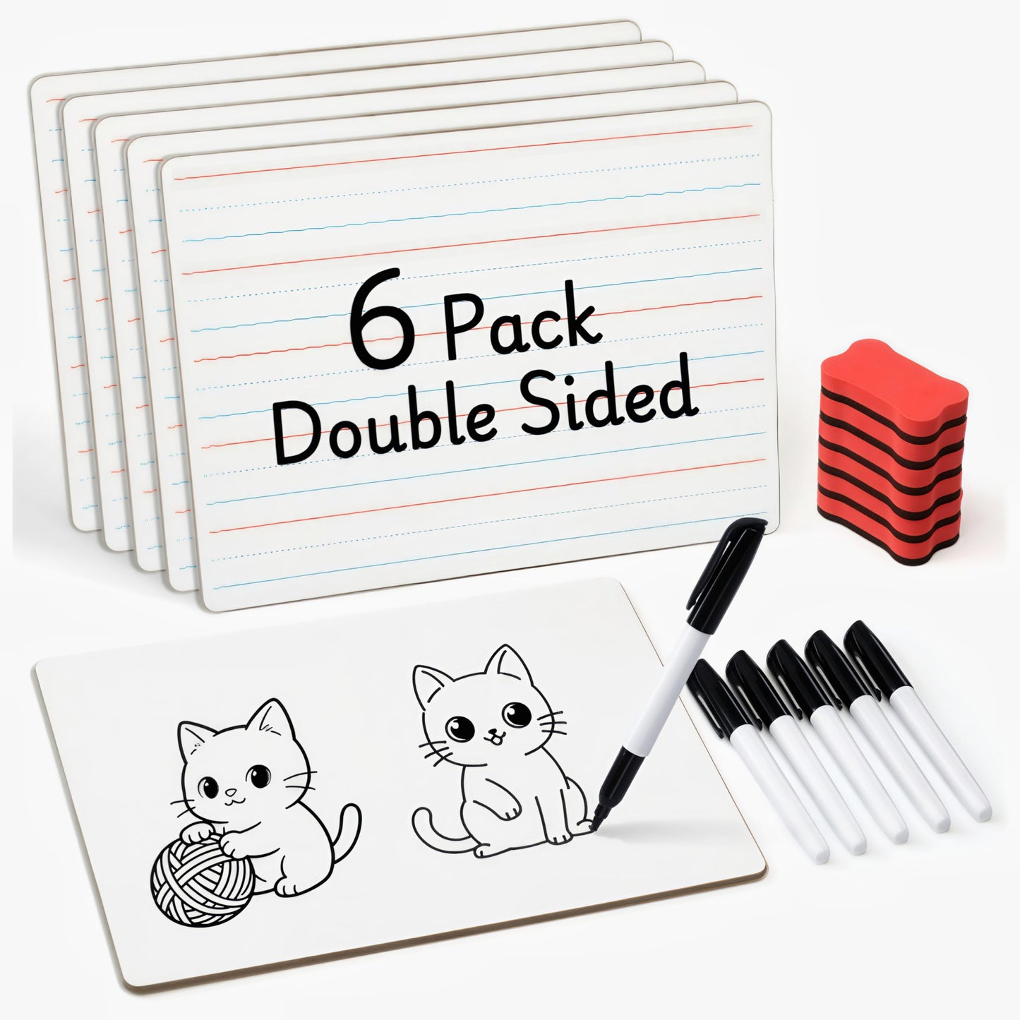 GAMENOTE 6 Pack Small Dry Erase Boards for Kids, 9x12 Double-Sided Lined and Blank Whiteboards with Markers & Erasers, for Classroom and Homeschool Writing Board
