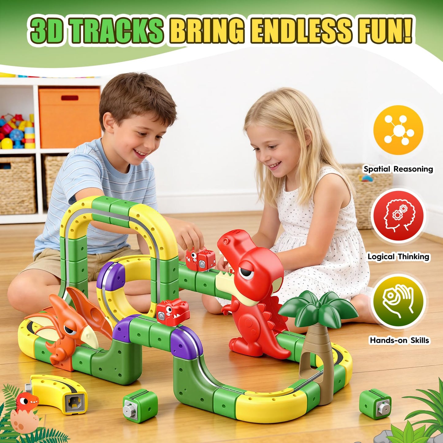 SnapGlowz Upgrade Magnetic Train Set: 188PCS 3D Infinity Racer Electric Train Set for Kids Flexible Cube Track Anti-Gravity Dinosaur Train Toys Gifts for 3 4 5 6 7 8-12 Year Old Boys Girls