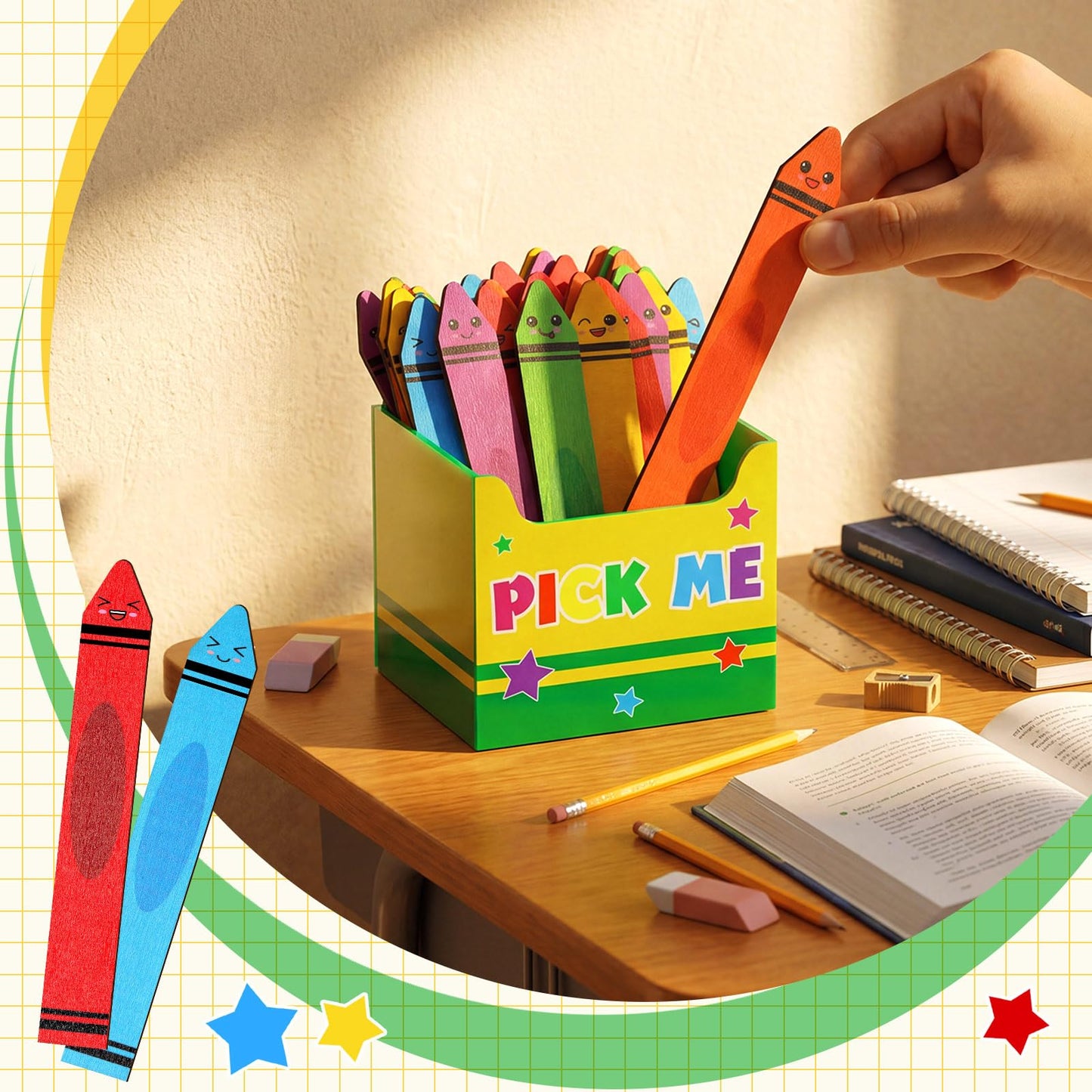Eaasty 37 Pcs Back to School Crayon Flip Name Sticks with Pick Me Box Crayon Classroom Talking Flip Sticks for Classroom Management Tool Teacher Essentials Student Educational and Learning Activities