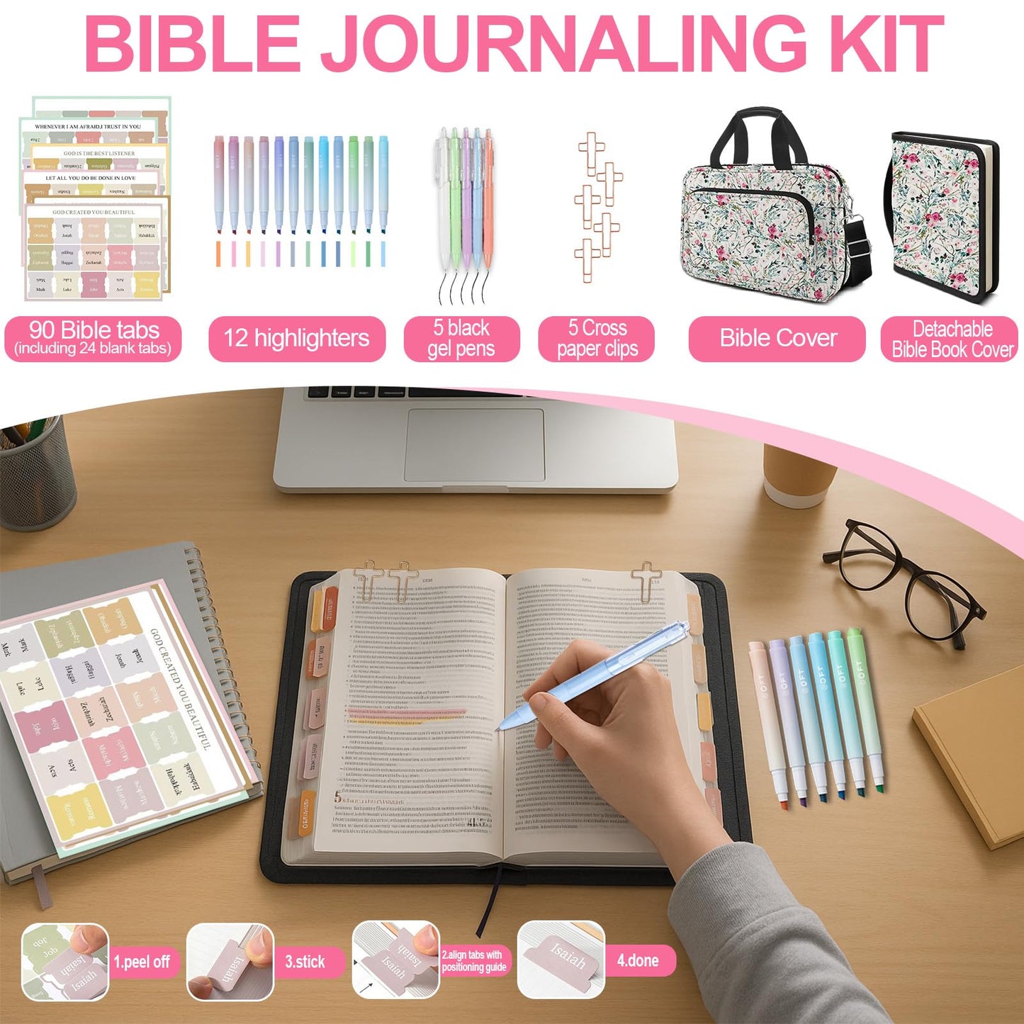 IBOVODI Pink Floral Bible Cover Case for Women, Cute Flower Large Bible Bag Book Carrying Bag with Strap Handle Zipper Pockets, Pens and Highlighters Cross Clips for Bible Study & Church