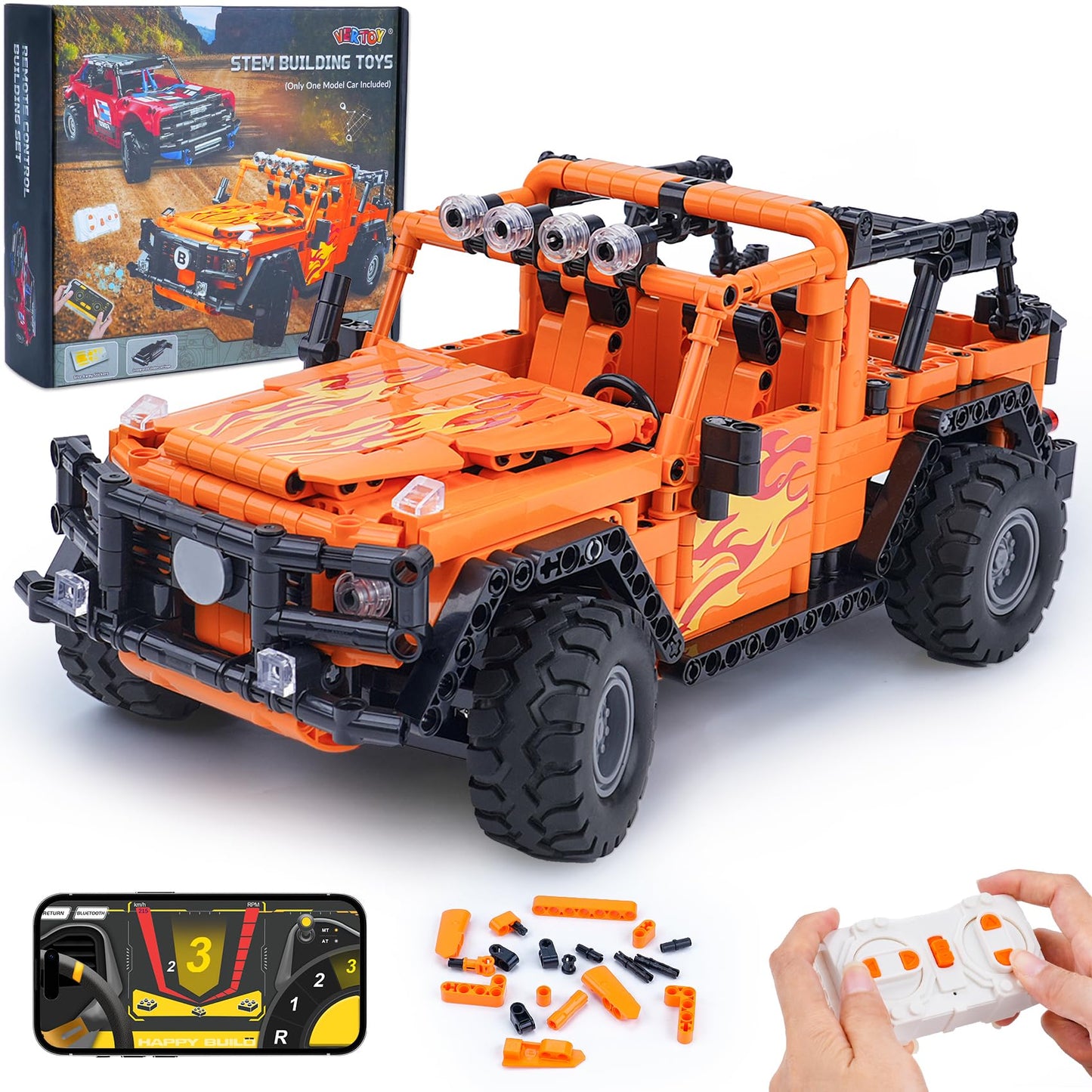VERTOY STEM Building Car Toys for Kids Boys - Remote & APP Control Block Set, Birthday Gifts for Age 8-12 13+ Year Old, Bigger Orange Model(740+ pcs)
