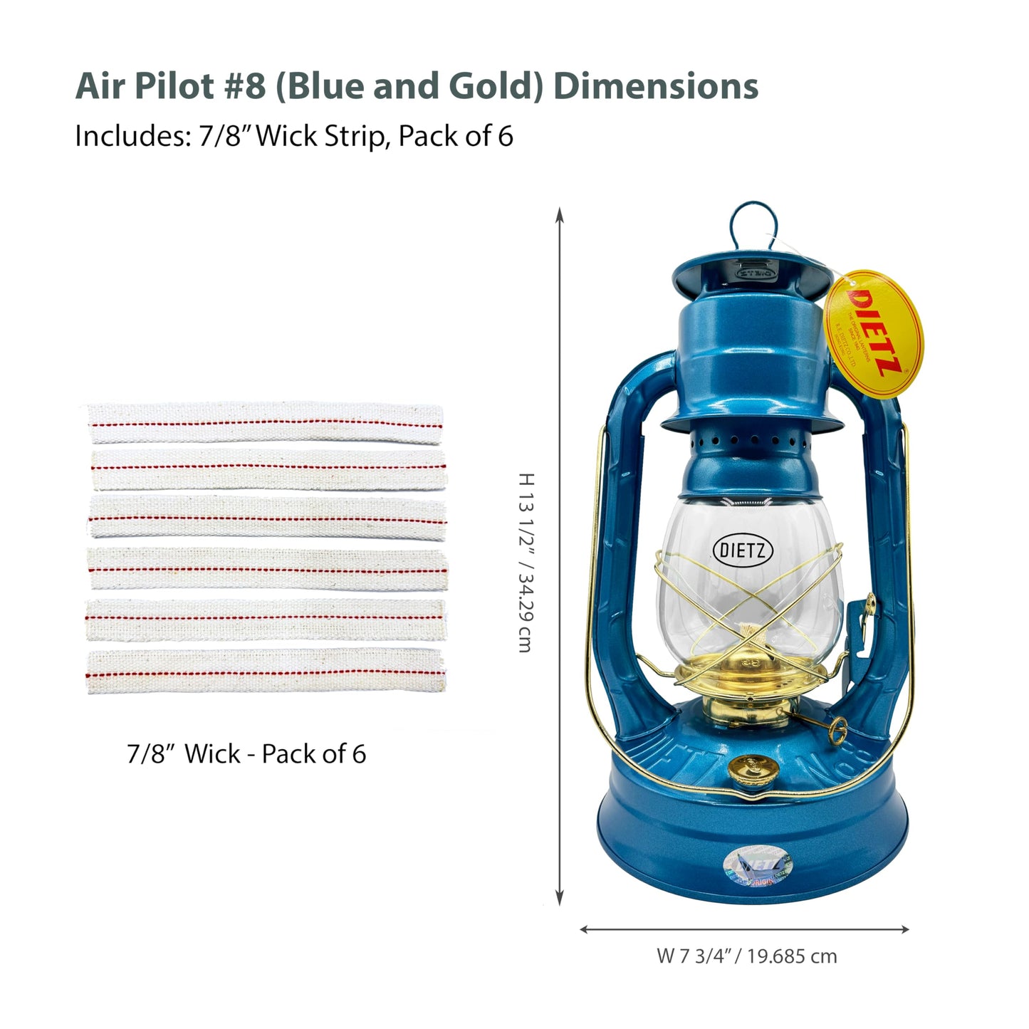LIGHT OF MINE Oil Lantern - Dietz #08 Air Pilot, Metal, Blue with Gold Trim, Includes 7/8in Replacement Wick Strips