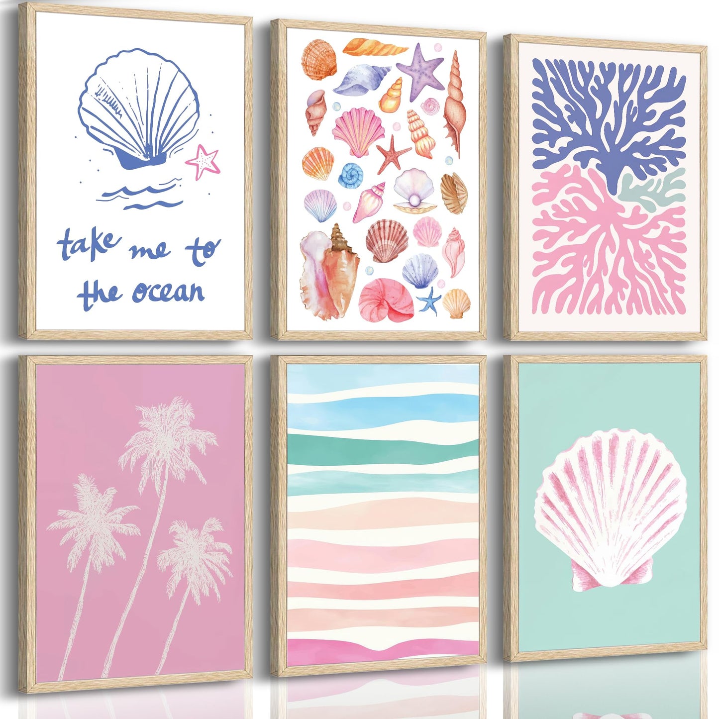 Pink and Blue Coastal Wall Art, 6 Pcs Preppy Beach Wall Decor, Unframed Canvas Posters for Bathroom Bedroom, Seashell Coral Palm Tree Ocean Prints, Neutral Boho Beach House Decor 12x16in Unframed