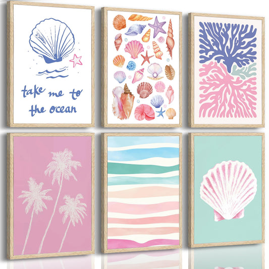 Pink and Blue Coastal Wall Art, 6 Pcs Preppy Beach Wall Decor, Unframed Canvas Posters for Bathroom Bedroom, Seashell Coral Palm Tree Ocean Prints, Neutral Boho Beach House Decor 12x16in Unframed