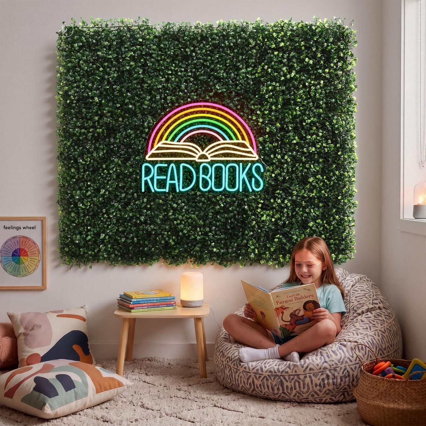 Fumete 13 Pcs Classroom Reading Corner Calming Corner Decor 10 x 10" Artificial Grass Wall Panels with Read Books Neon Sign Classroom Greenery Wall Decoration for Home School Party Supplies