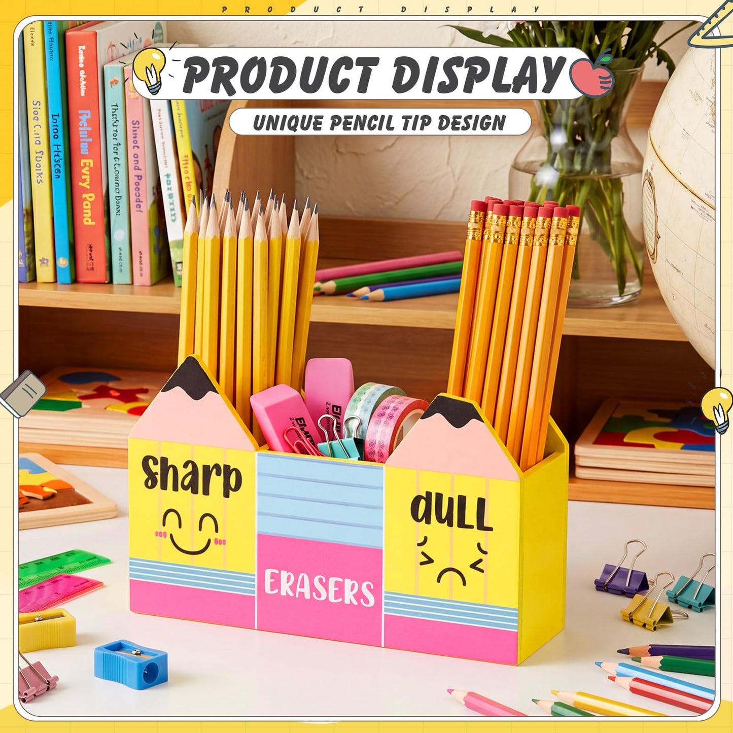 Eaasty Pencil Shaped and Sharp Dull Holder Eraser Wooden Dispenser Pencil Storage 3 Compartments for Back to School Teachers Classroom Organization(1 Pack,Yellow Face)