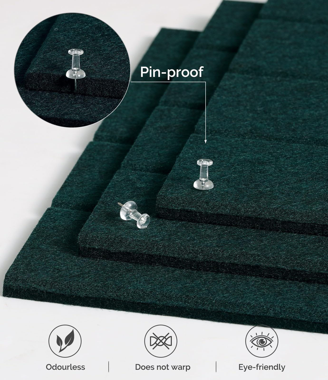 Bounmer Large Cork Board Alternative 48“ x 36”, 12-Pack Felt Bulletin Board Tiles with 60 Safe Removable Adhesive Tabs & 30 Pushpins, Cork Boards for Office Walls Decor (Pine Green)