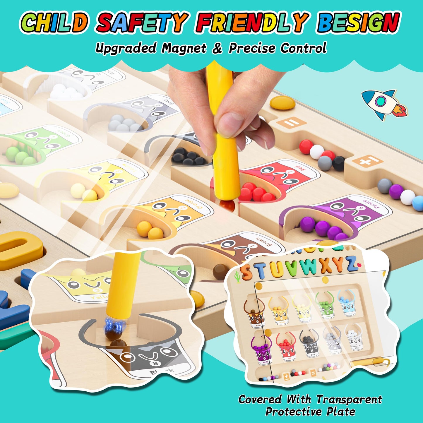 LIOKLICK 3 IN 1 Double Sided Montessori Toys- Magnetic Color and Number Maze, Toddler Wooden Alphabet Puzzles, Dry Erase Board, Preschool Learning Activities Toys for 3 4 5 6 Years Old Kids Girls Boys