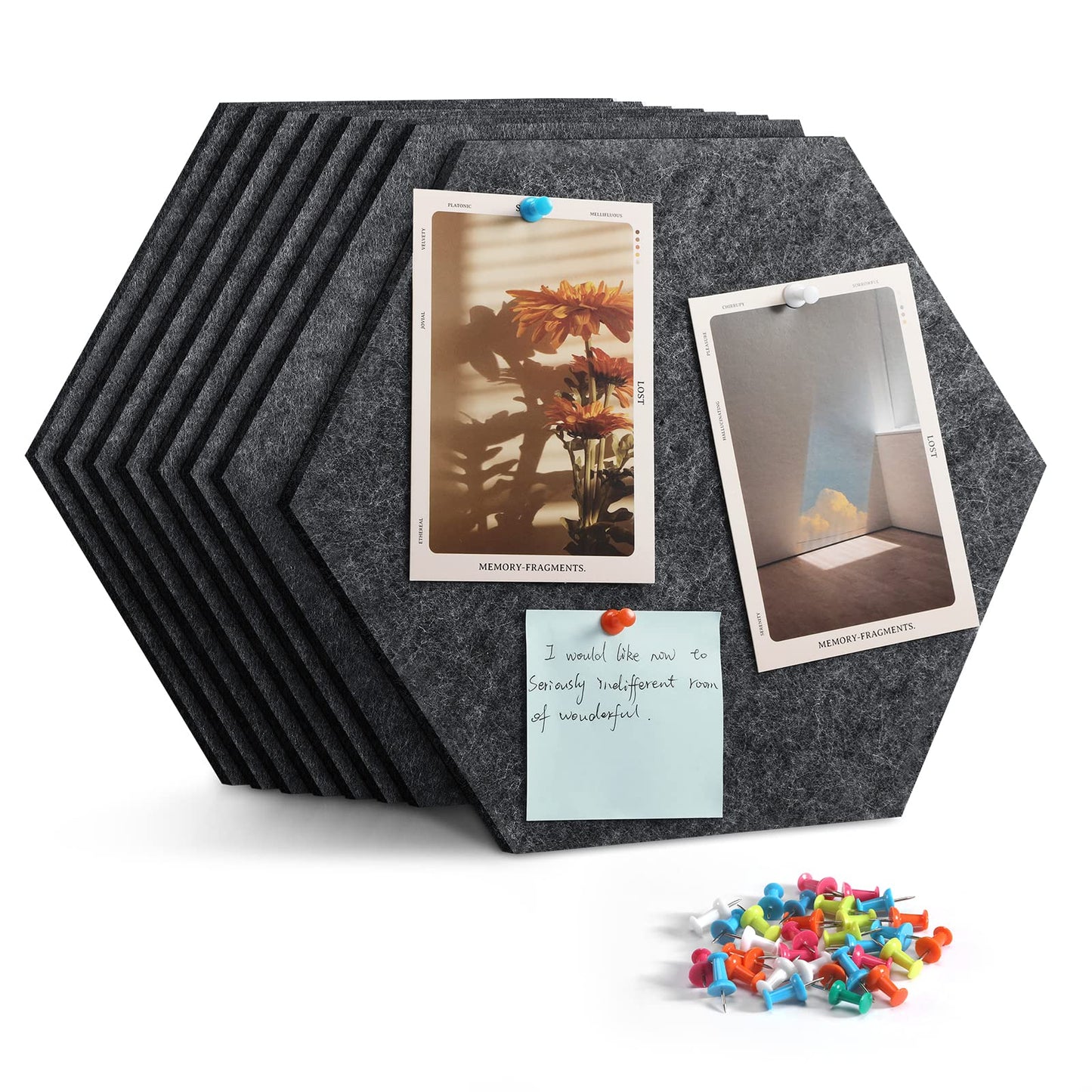 Uoisaiko 12" Large Bulletin Board with 30 Push Pins, Pack of 8 Hexagon Felt Pin Board Notice Boards for Home Office Kitchen, Felt Wall Tiles for Photos Memos