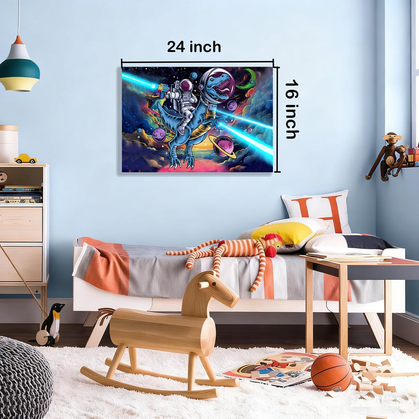 16x24 Space Astronaut Dinosour Star Wars Canvas Wall Art Watercolor Framed Prints Teen Boy T-Rax in Galaxy Cosmic Home Decor Painting Kids Bedroom Picture Child Room Funny Poster Kids Bathroom Photo