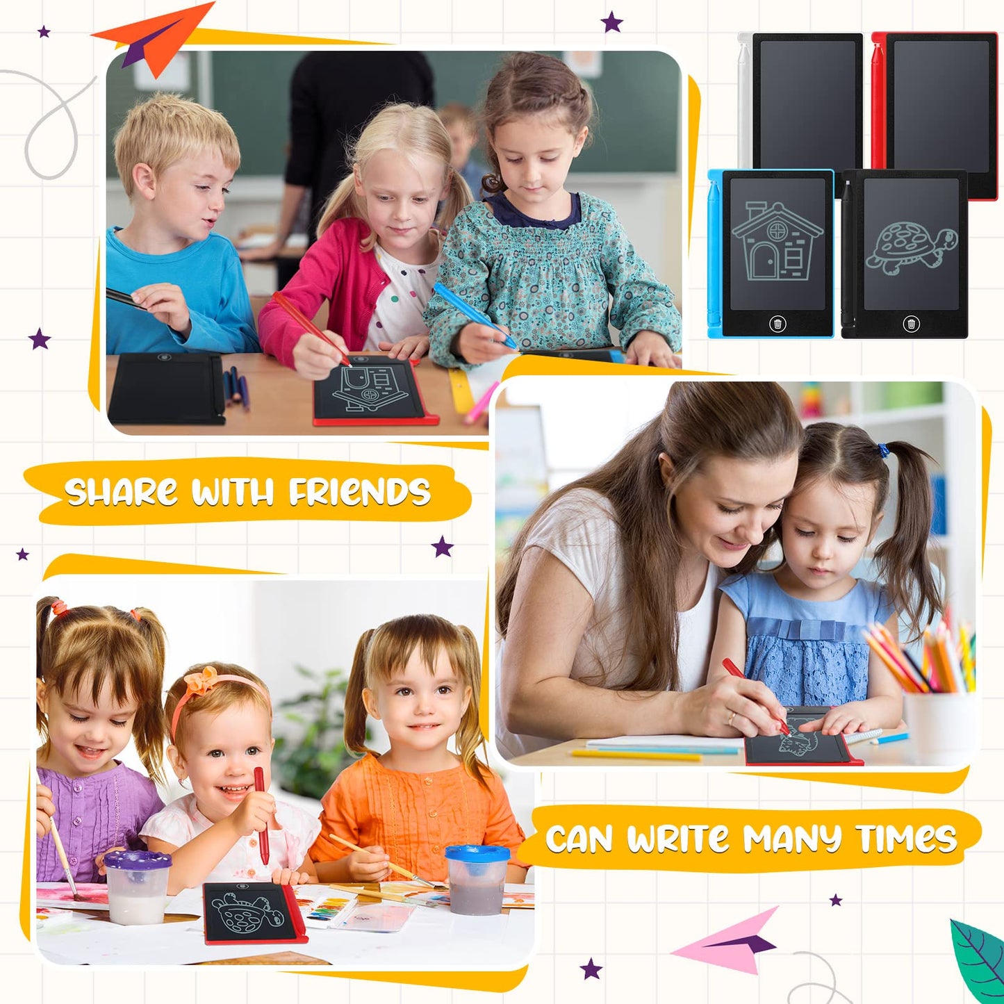 Nezyo 16 Pack 4.5 Inch Mini LCD Writing Tablet for Kids Electronic Doodle Board Bulk Erasable Drawing Tablet Reusable Writing Pad for Girls Boys Party Favor Goodie Bag Classroom Gifts(Mix Colors)
