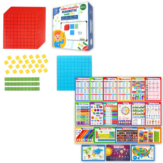 Simply magic 19 Educational Posters for Kids & 131 PCS Jumbo Magnetic Base Ten Blocks