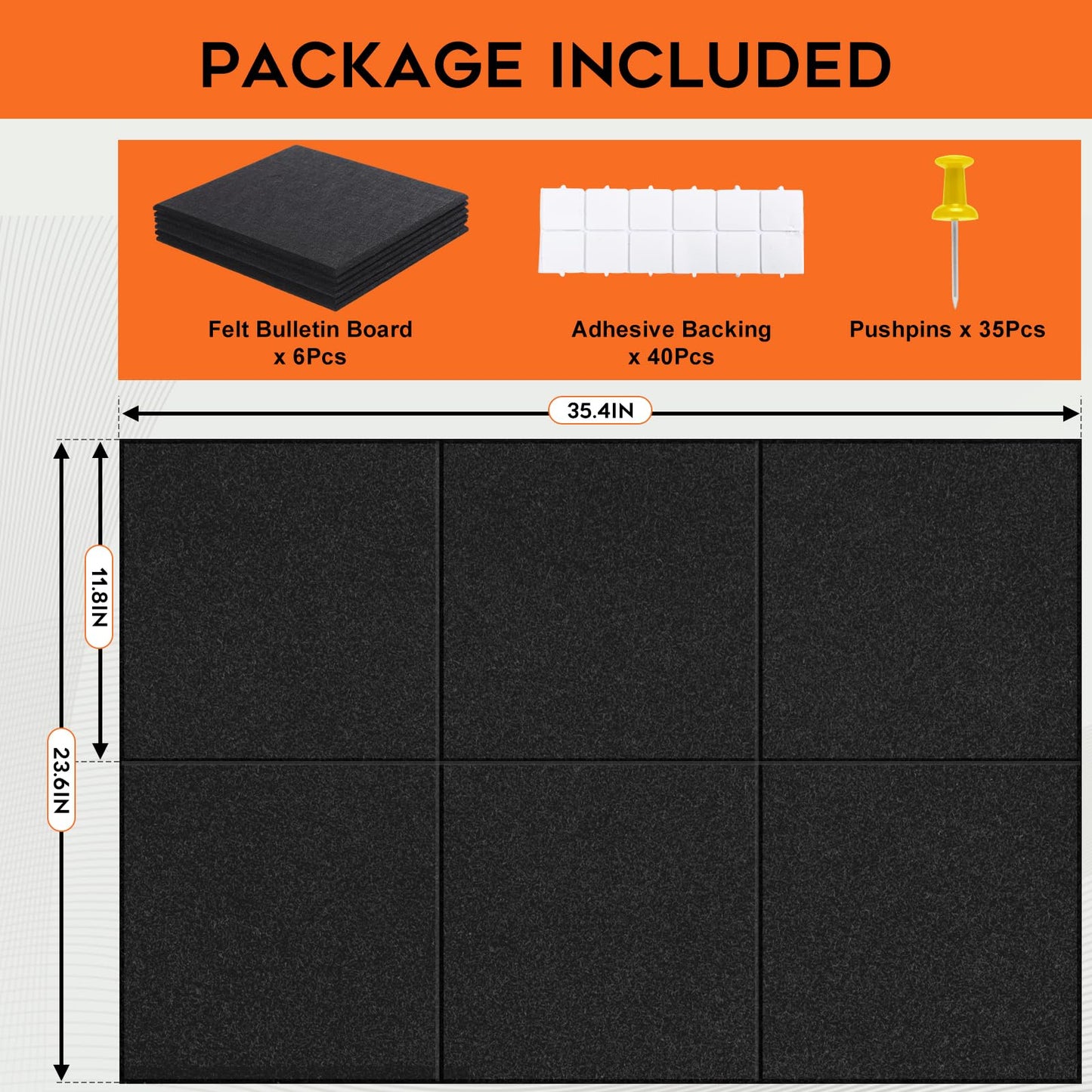 Xydstay 36x24 inches Felt Bulletin Board, Self-Adhesive, 6 Pack with Pins
