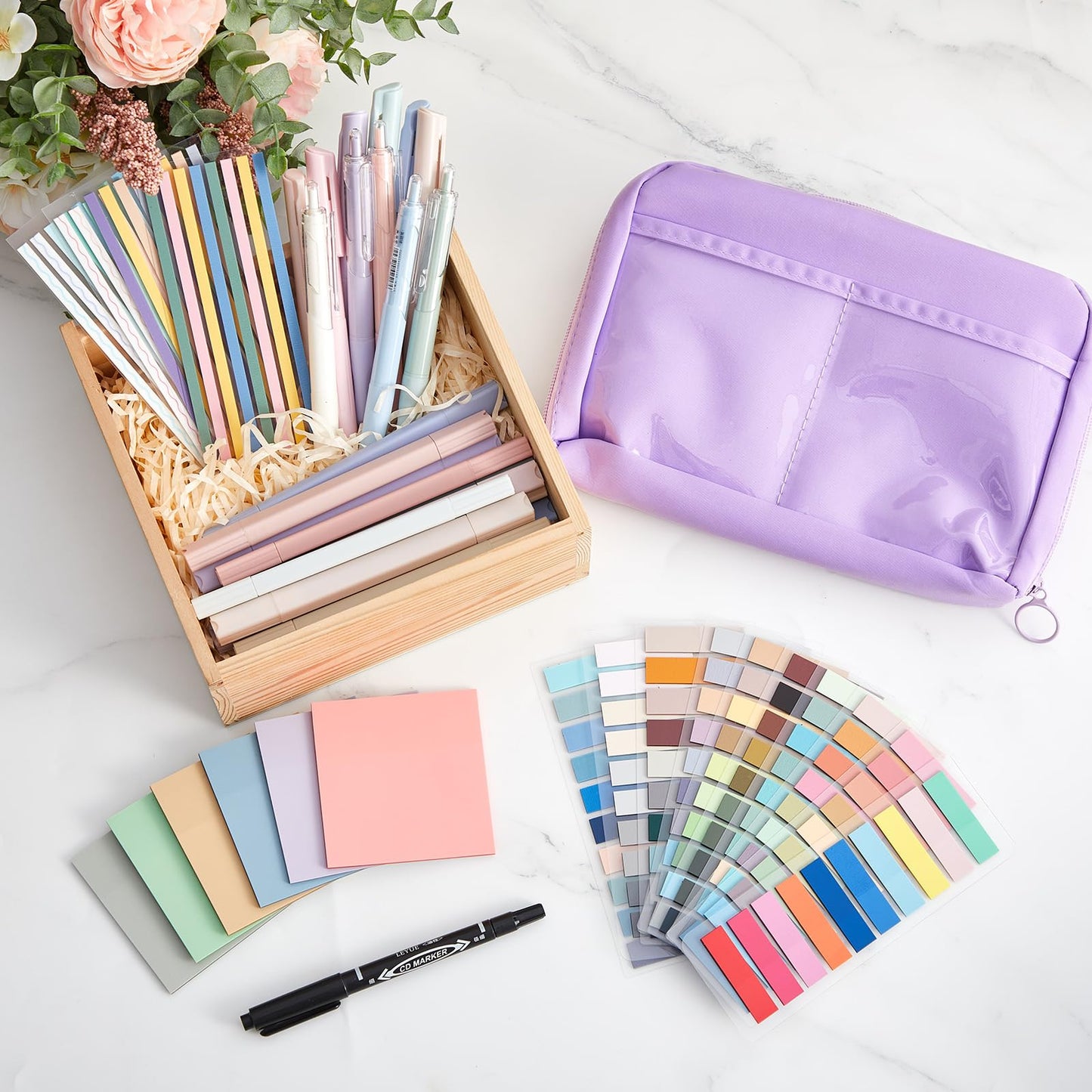 Trandraft 135 Pcs Book Annotation Kit Aesthetic Pencil Case Bag 12 Highlighter 11 Gel Pen 1 Marker 300 Sheet Transparent Sticky Notes Pad 2640 Index Stickers Bible Study Supplies(Kawaii,Purple)