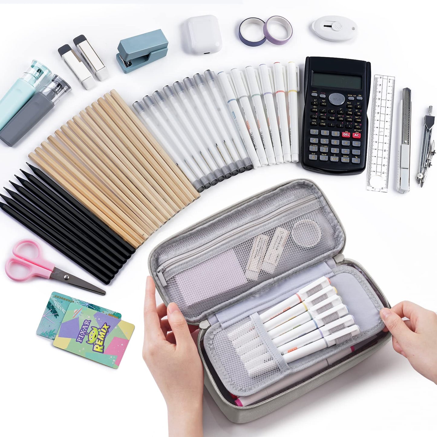 WEMATE Large Pencil Case Aesthetic,Big Capacity Canvas Pencil Pouch with Zipper, Pencil Case for Women & Men, Marker Pen Case,Portable Pencil Bag for Office Light Grey
