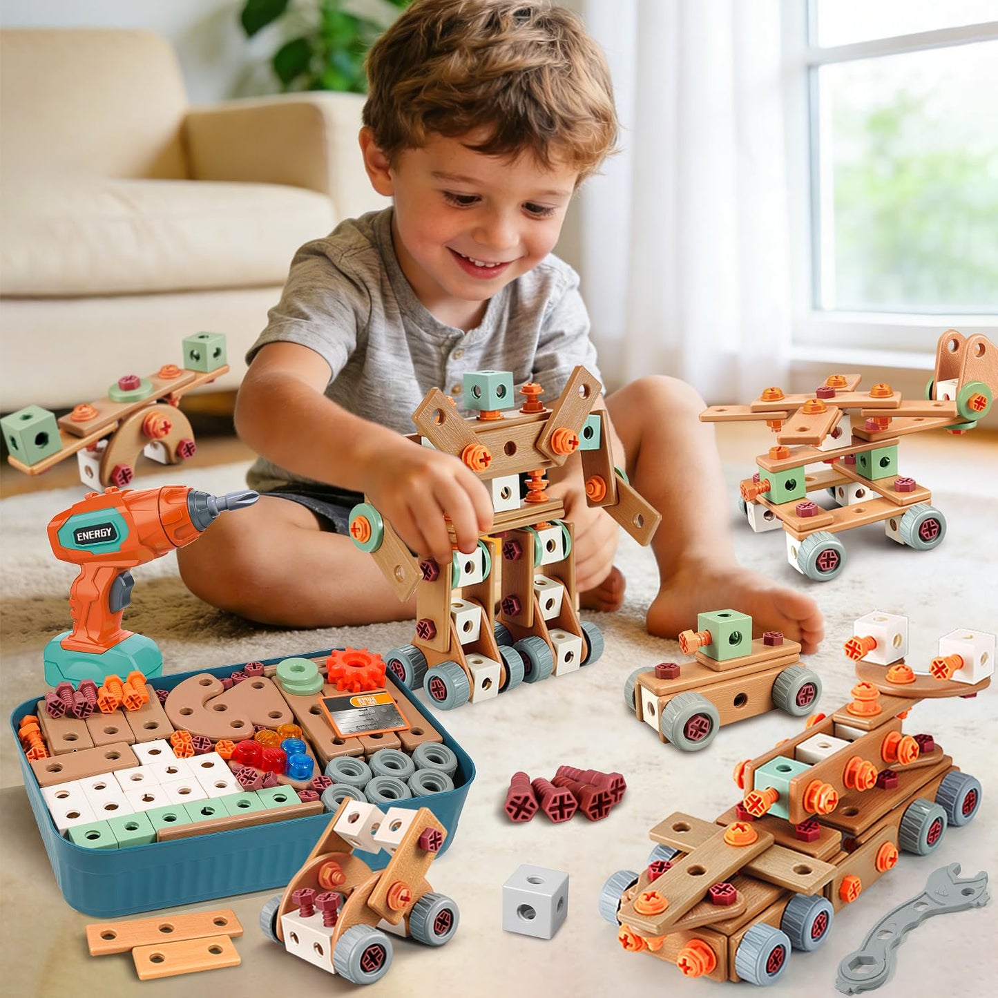 Design and Drill Toy - Toddler Tool Set with Drill & Toolbox, Create And Design Drill Kit Stem Toys for Kids Ages 3-6, Toddler Building Educational Construction Toy for 3-6 Year Old Girl (WOOD COLOR)