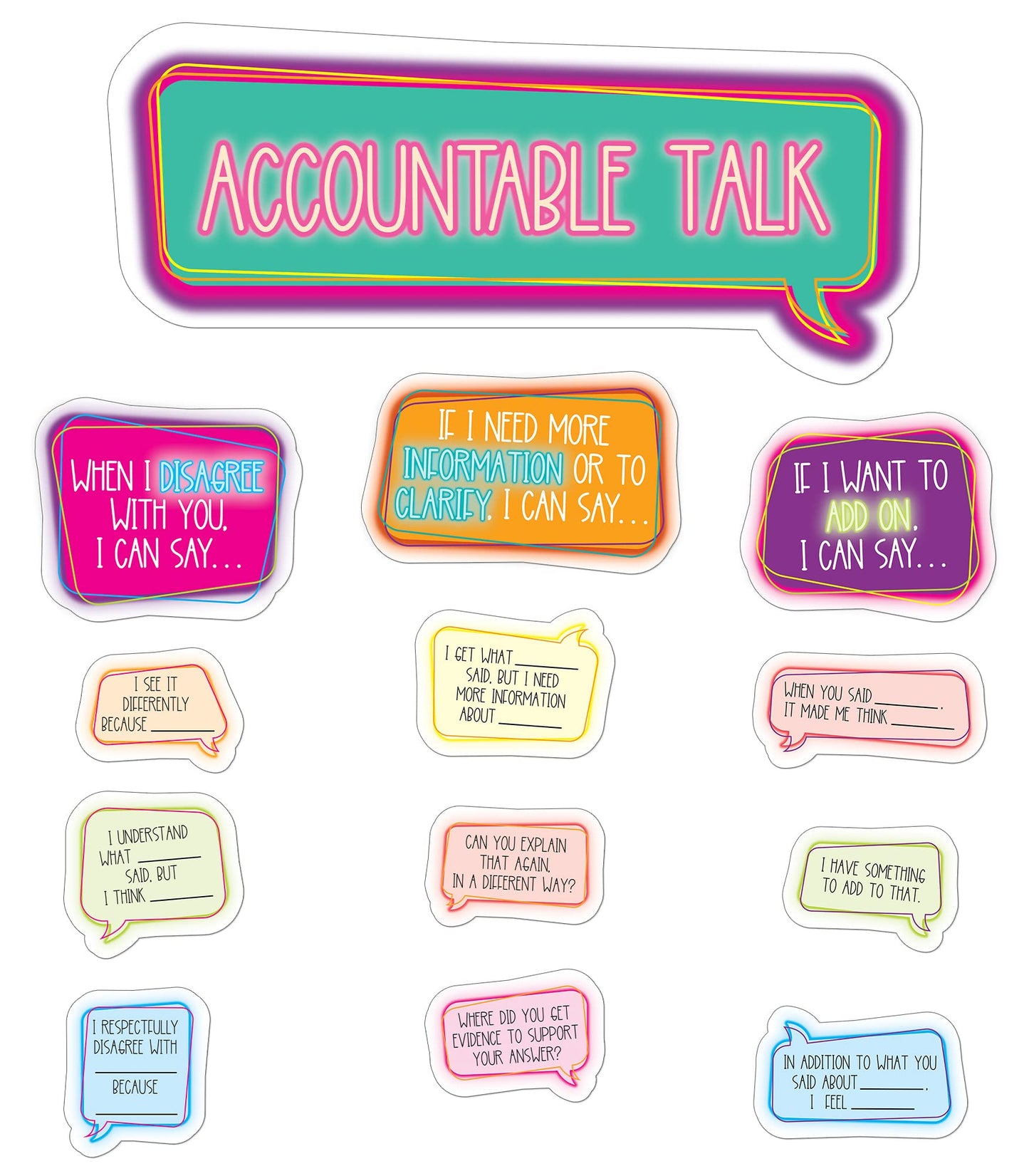 Carson Dellosa Accountable Talk Bulletin Board Set—Sentence Stem Speech Bubbles and Category Topic Signs for Group Discussions and Social-Emotional Learning, Homeschool or Classroom Décor (31 pc)