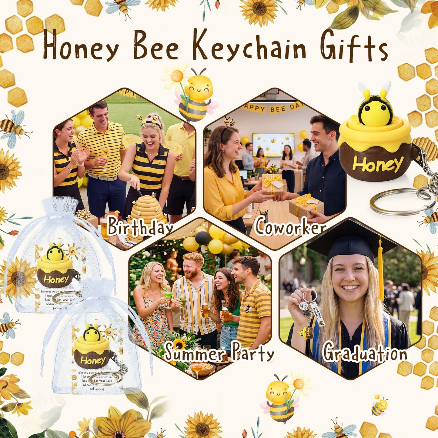 Junkin 24 Sets Bee Clicker Fidget Keychains Positive Gifts 3D Printed Honeybee Clicker Fidget Stress Relief Key Rings with Inspirational Cards for Graduation Teacher Employee Coworker Nurse