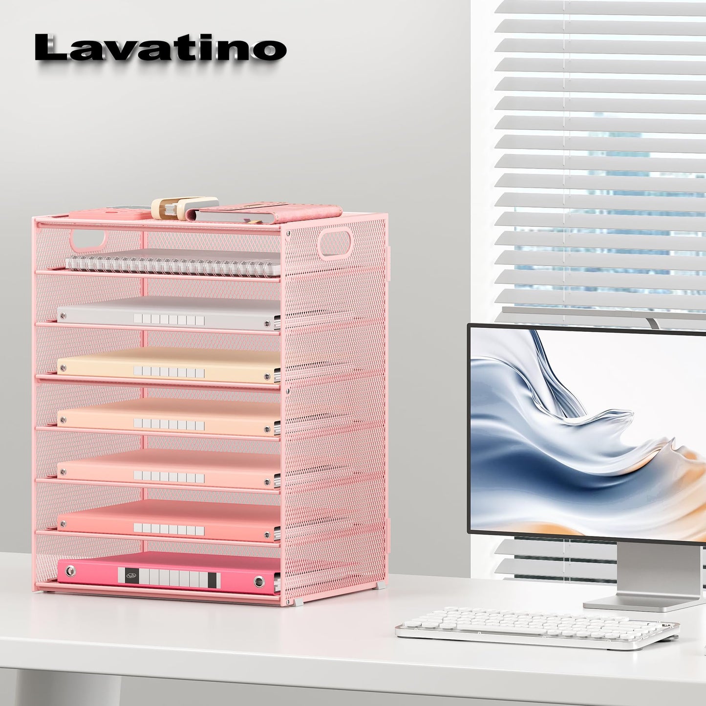 Lavatino 2 Pack 8-Tier Office Desk File Organizer, Letter Tray Paper Organizer with Handle, Including 5 Adjustable Slide Trays for Organizing Desk Workspace Accessories and Supplies (Pink Mesh)
