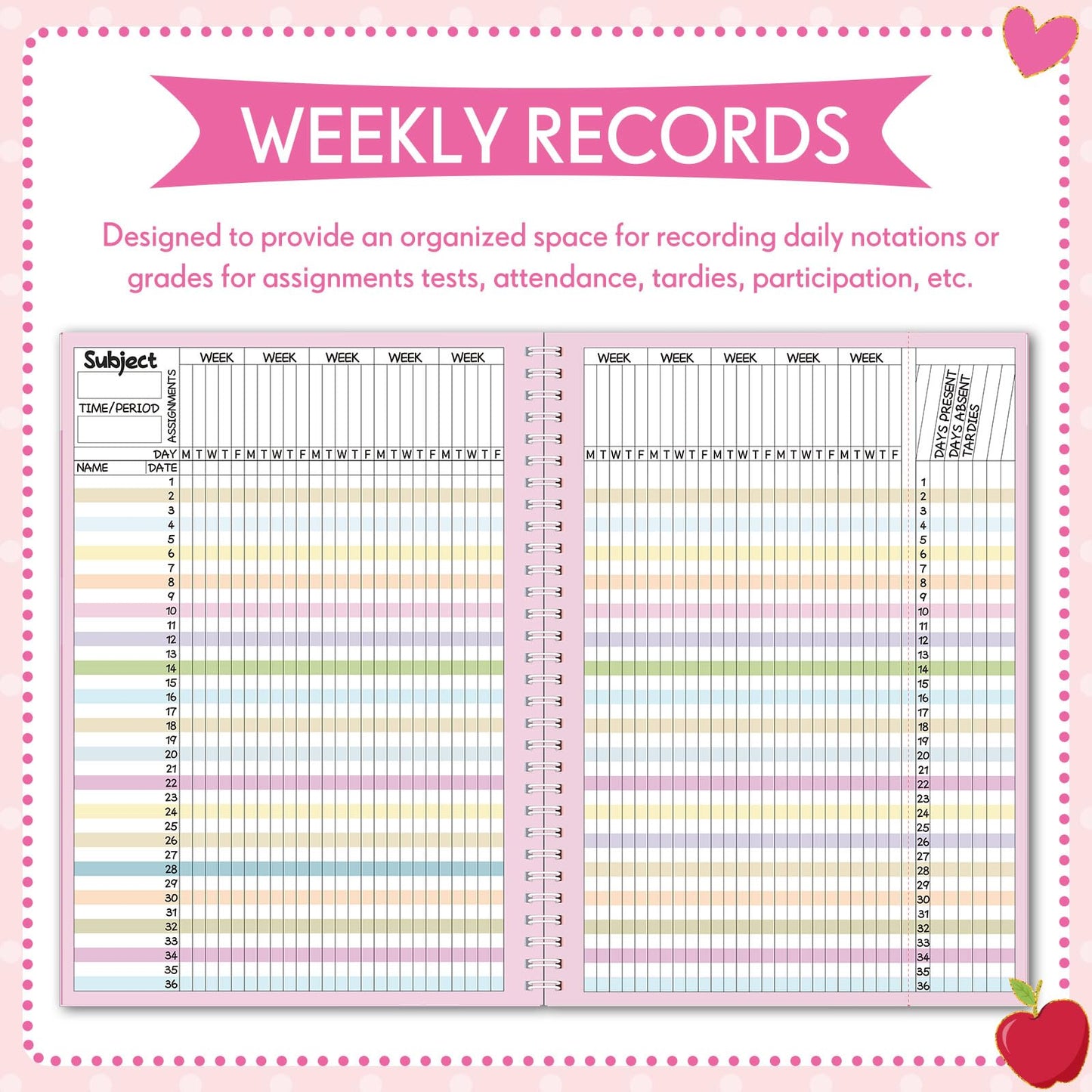 Fuyoooo Teacher Record Book Teacher Grade Books 2026-2027 Spiral Bound Record Planner 2026 Class Grade Book Office Favors for Classroom Attendance Decoration Double Sided(Pastel)