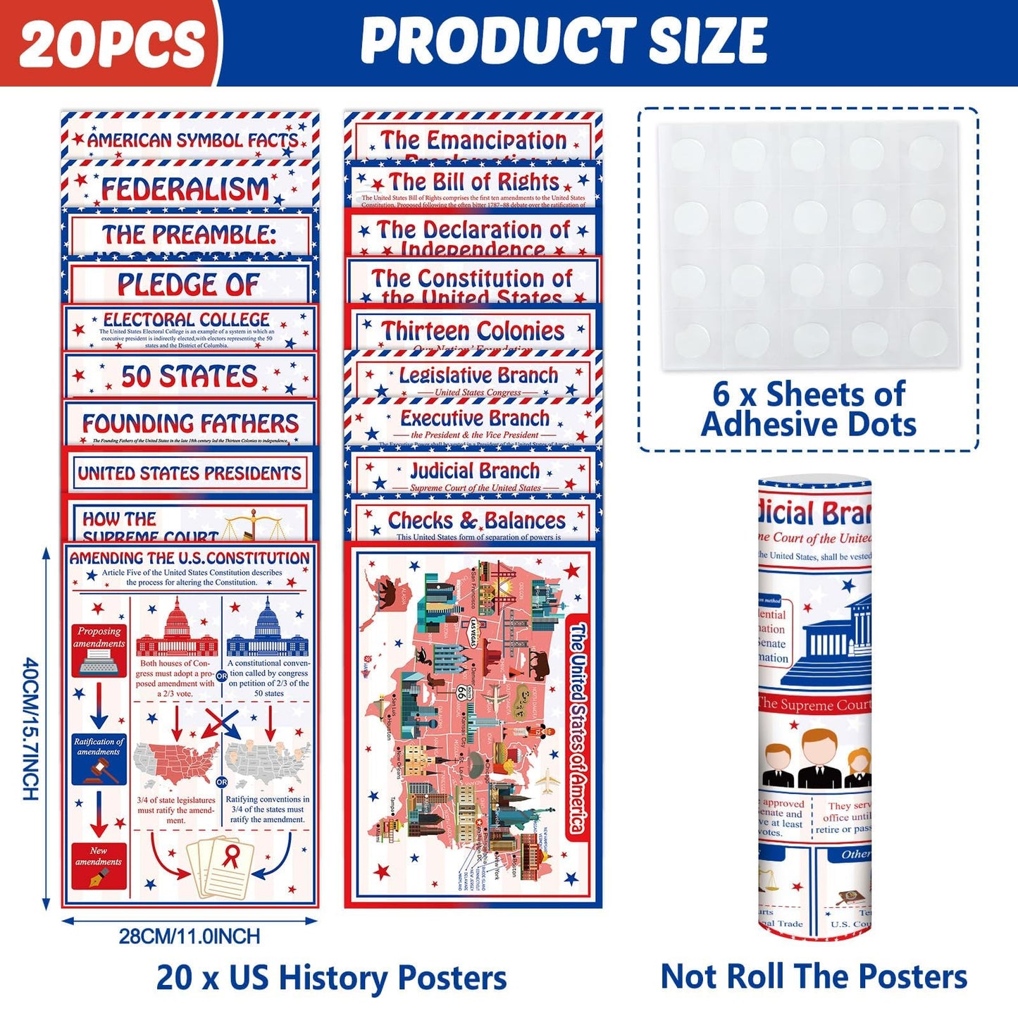 20 PCS US Government and Civics Posters Set US History Social Studies Classroom Decorations American History Bulletin Board Wall Art for Middle School High School Teachers Educational Supplies