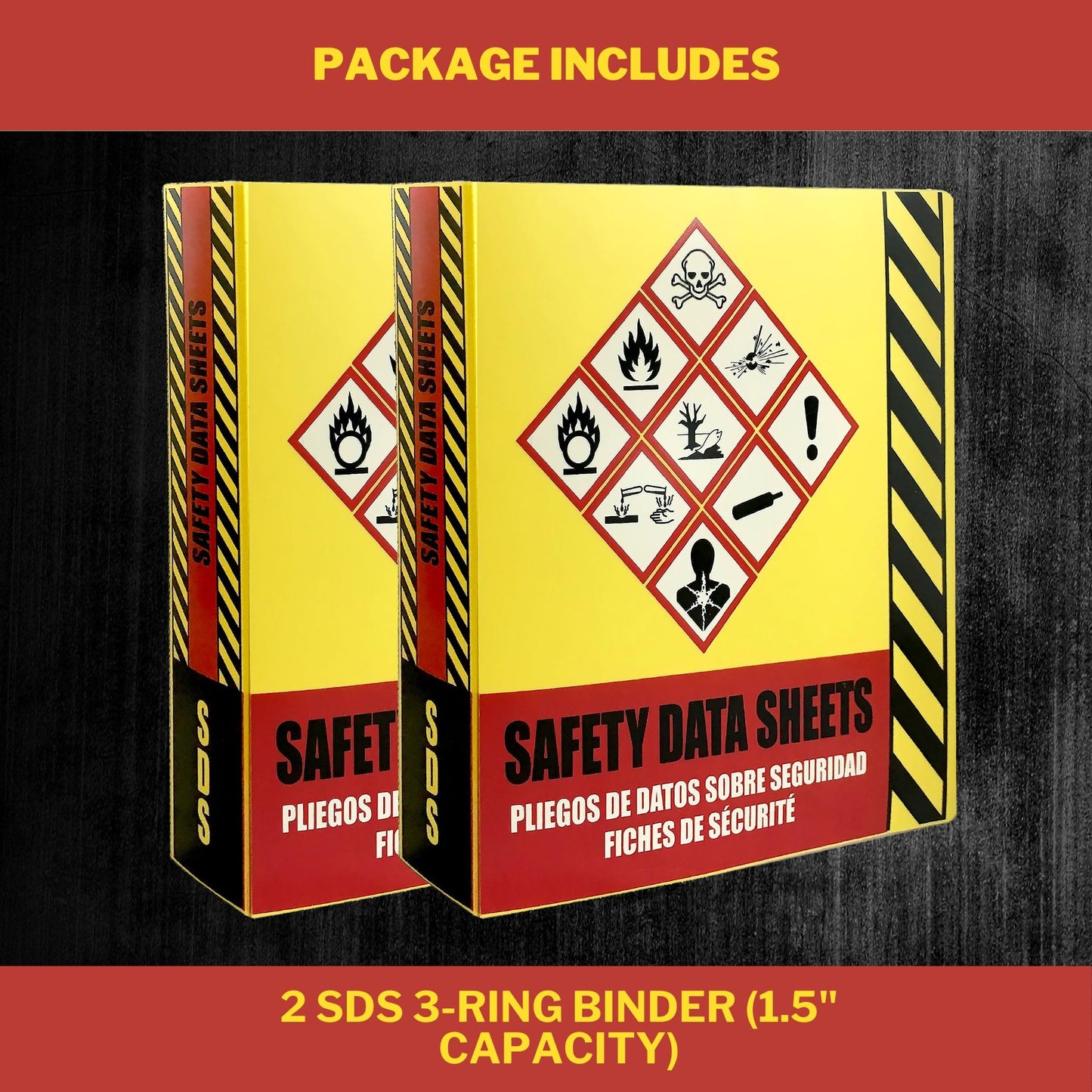 Ring Binder Depot 2 Pack of SDS Binder, Heavy Duty 3 Ring Binder with 1.5 In Capacity Holds 250 Pages, Trilingual with EnglishSpanishFrench, Durable and Highly Visible Safety Data Sheets, Yellow