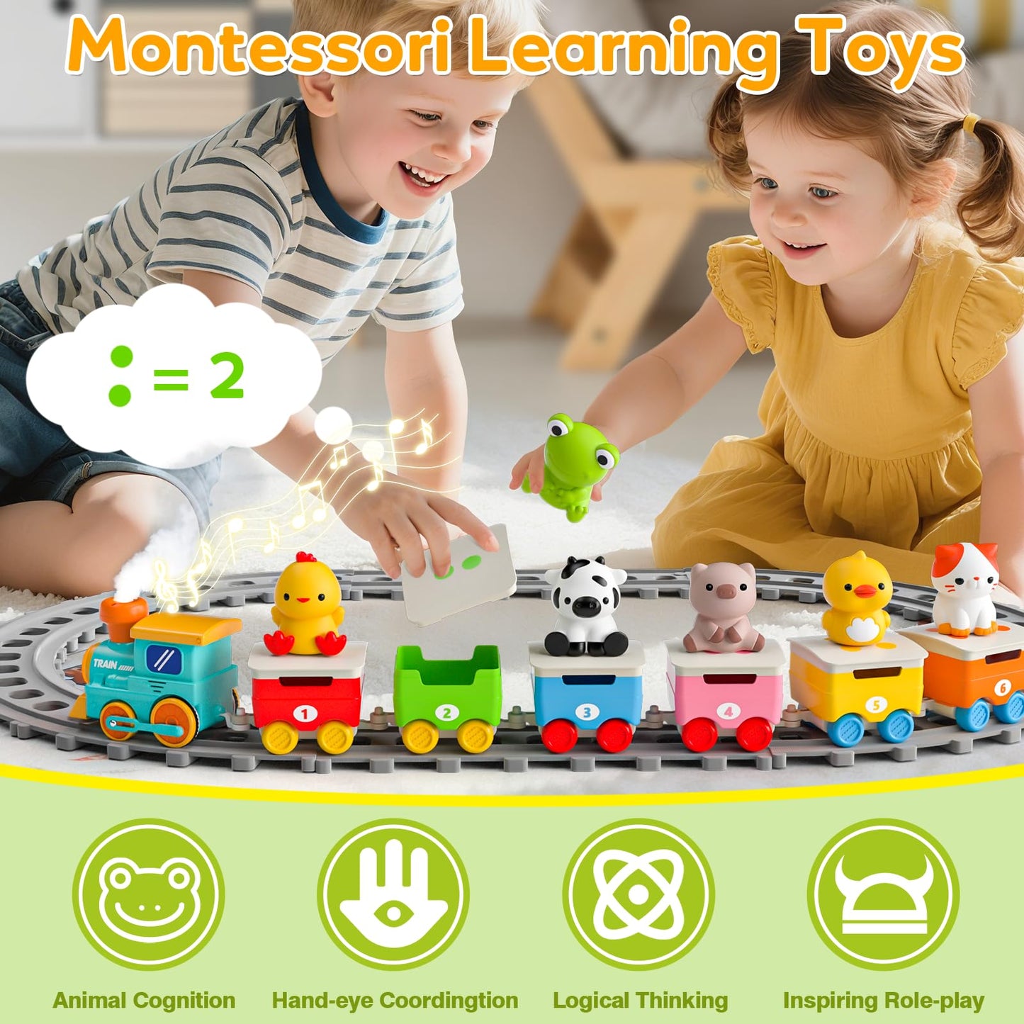 Toddler Toys for 1 2 3 Year Old, Electric Farm Animal Train Set with Music, Lights & Steam, Montessori Counting, Matching & Sorting Learning Toys, Christmas Birthday Gifts for Baby Boys Girls 18M+