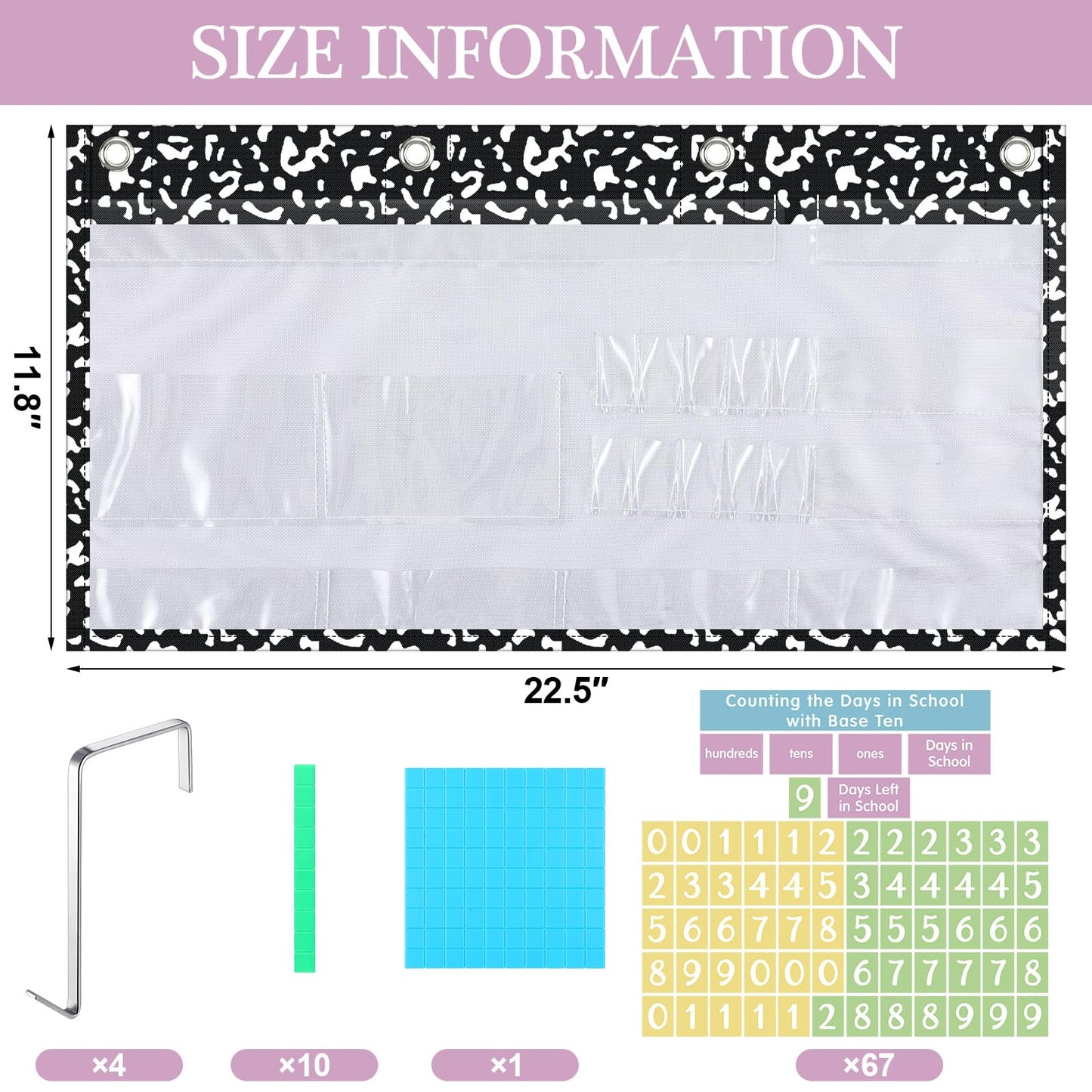 Resurhang Back to School Counting the Days with Base Ten Pocket Chart Place Value, Counting Caddie Pocket Chart for Classroom Bulletin Board School or Home Decor, 4 Hooks(Black,Composition Notebook)