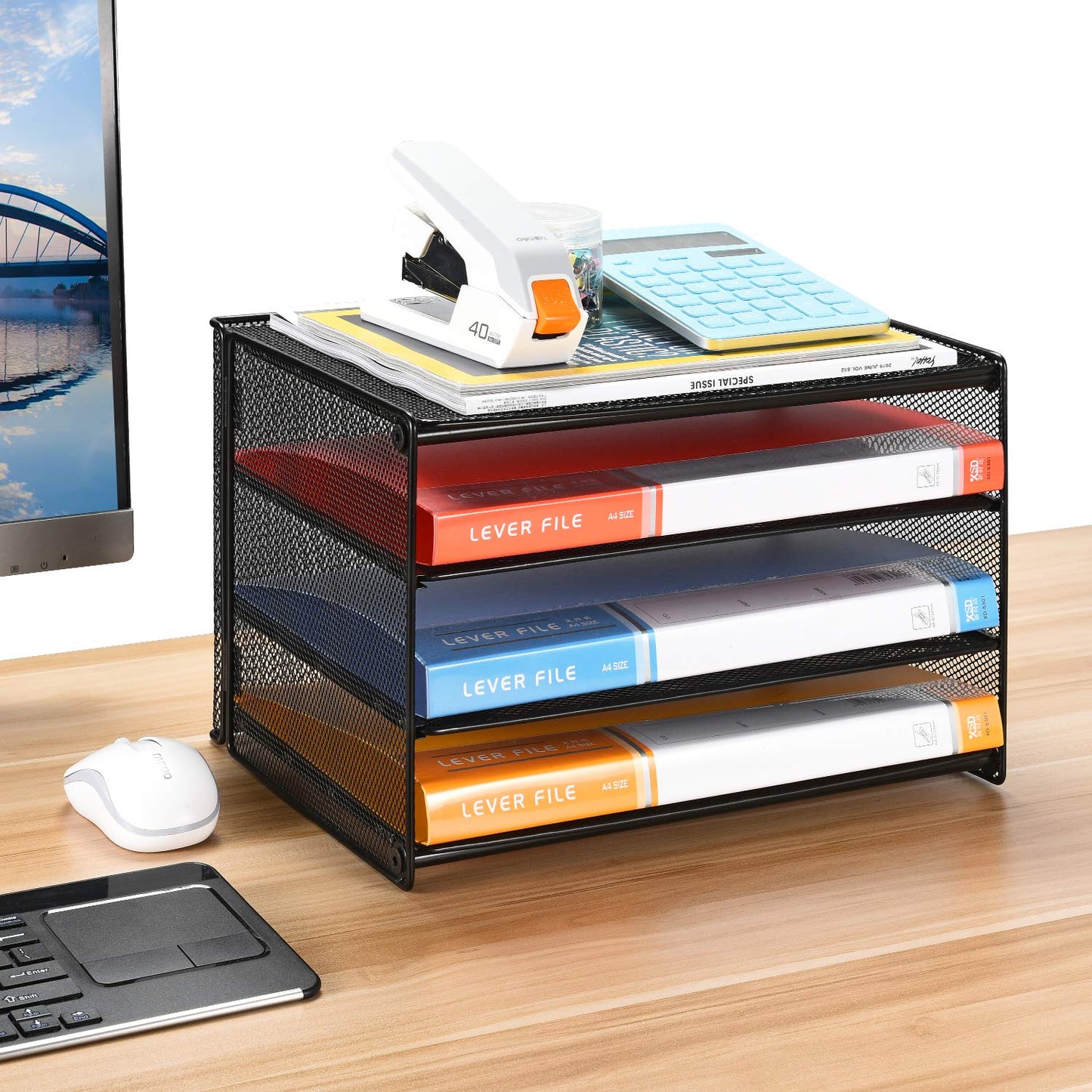 Samstar 2 Pack Paper Letter Tray, 3-Tier Desk File Organizer Paper Sorter Letter Shelf Rack, Mesh Made,Black