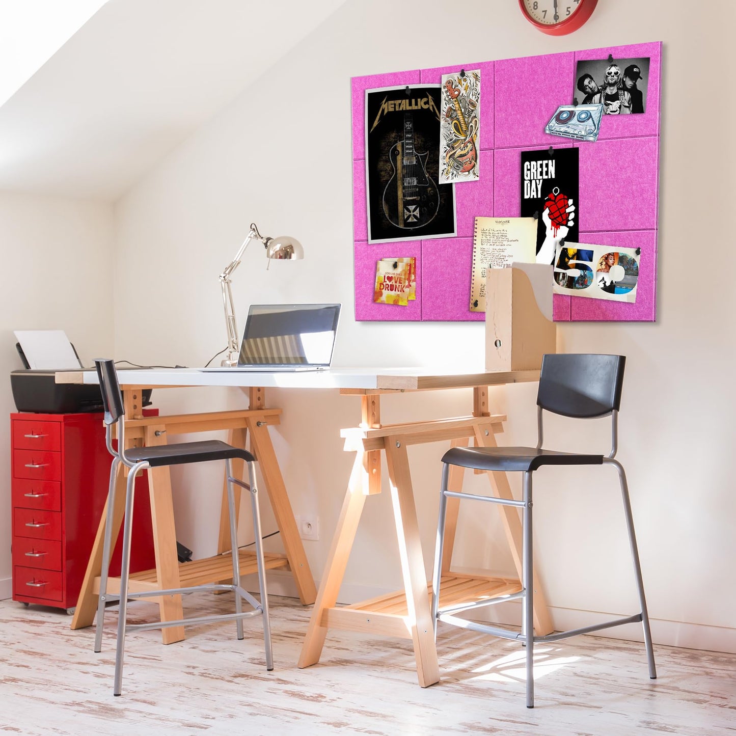 Bulletin Board 40x30in, 12 Count 9.8 x 9.8in Felt Wall Tiles with Removable Adhesive Tape, Cork Board Alternative for Walls, Wall Decor, Kids Art Display, Kids Room (Magenta Collection)