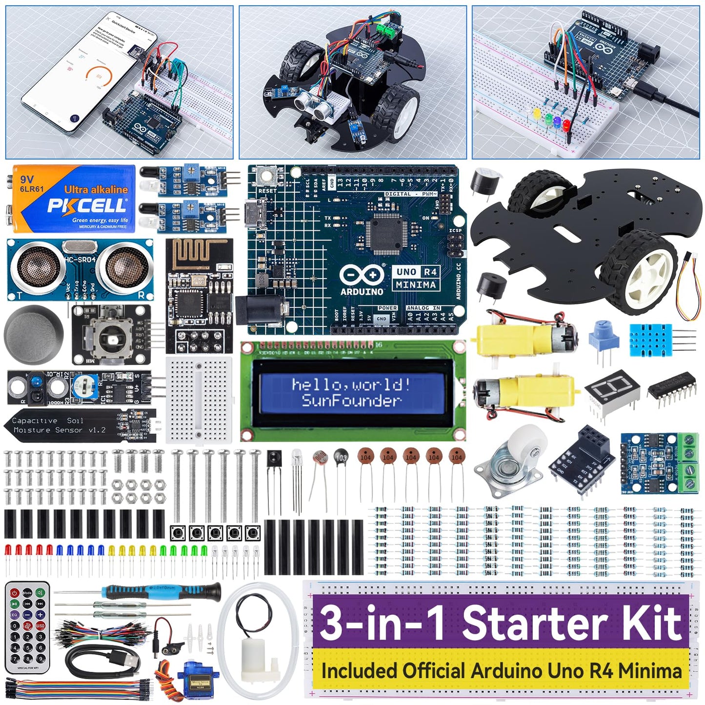 SunFounder 3-in-1 Super Starter Kit with Original Arduino Uno R4 Minima, IoT&Smart Car Projects, ESP8266 WiFi, Battery, 50+ Step-by-Step Tutorials for Beginners to Engineers, RoHS Compliant