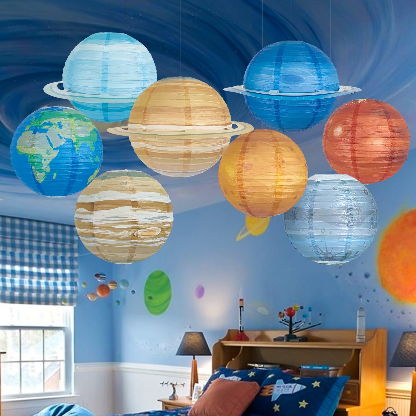 8 PCS Planet Paper Lanterns Outer Space Party Decorations Solar System Planets Hanging Lantern for Kids Space Theme Party Birthday Room Classroom Decorations