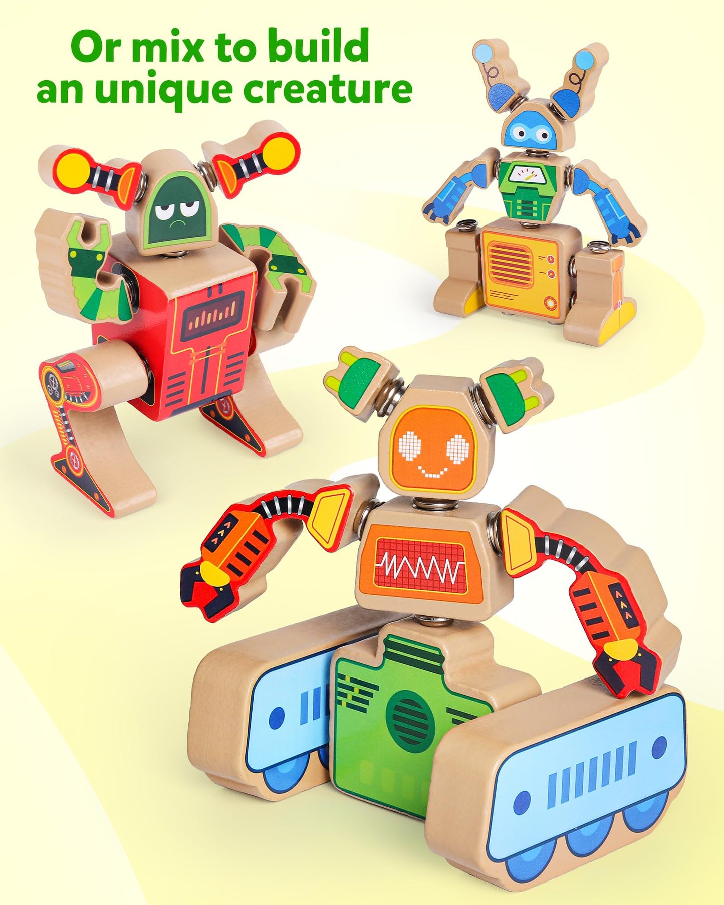 Coogam Fine Motor Building Robot Blocks for 3 4 5 Years Old Kids, Wooden Snap Together Builders, STEM Take Apart Robot Playset, Educational Learning Toy Gift for Boys Girls