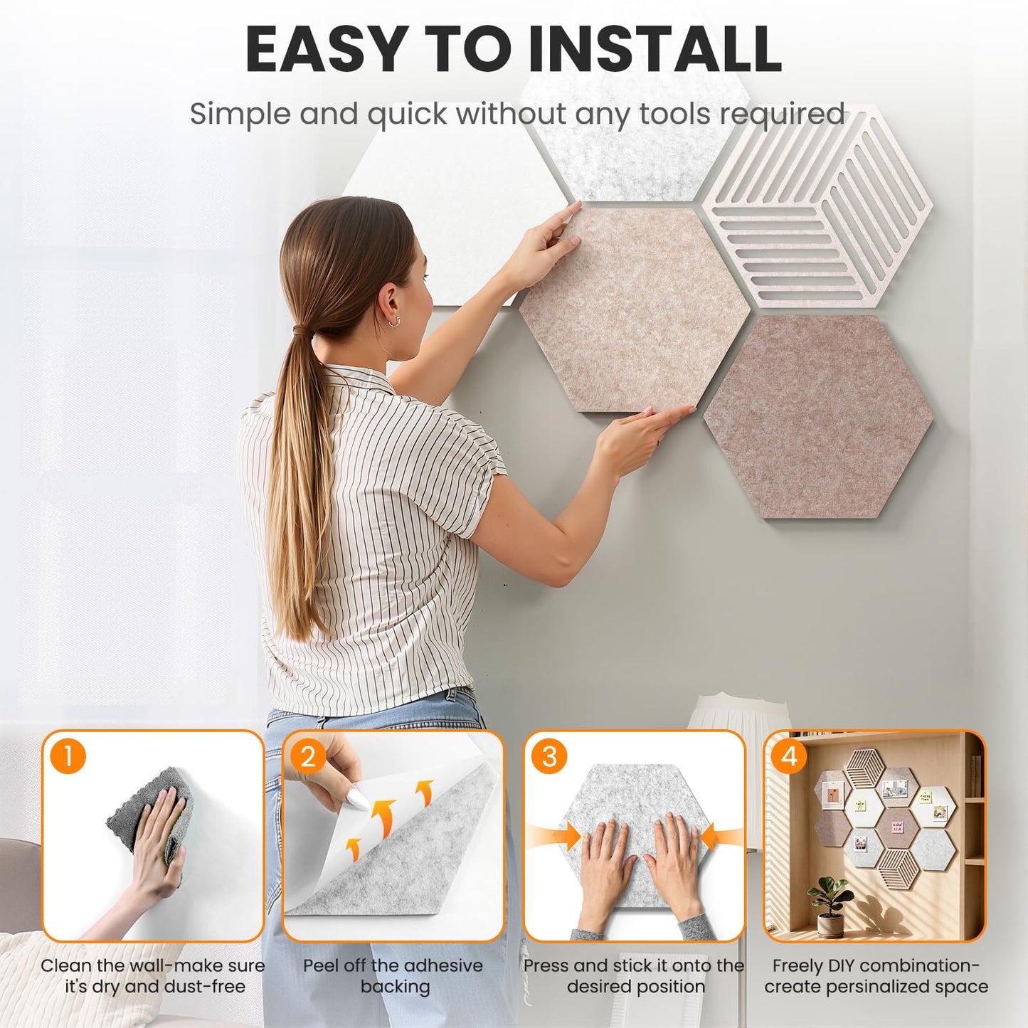Hexagon Cork Bulletin Boards for Walls Decor, 10 Pack Felt Board Tiles with 25 Push Pins, Photo Display Board for Office & Home Classroom DIY Decor