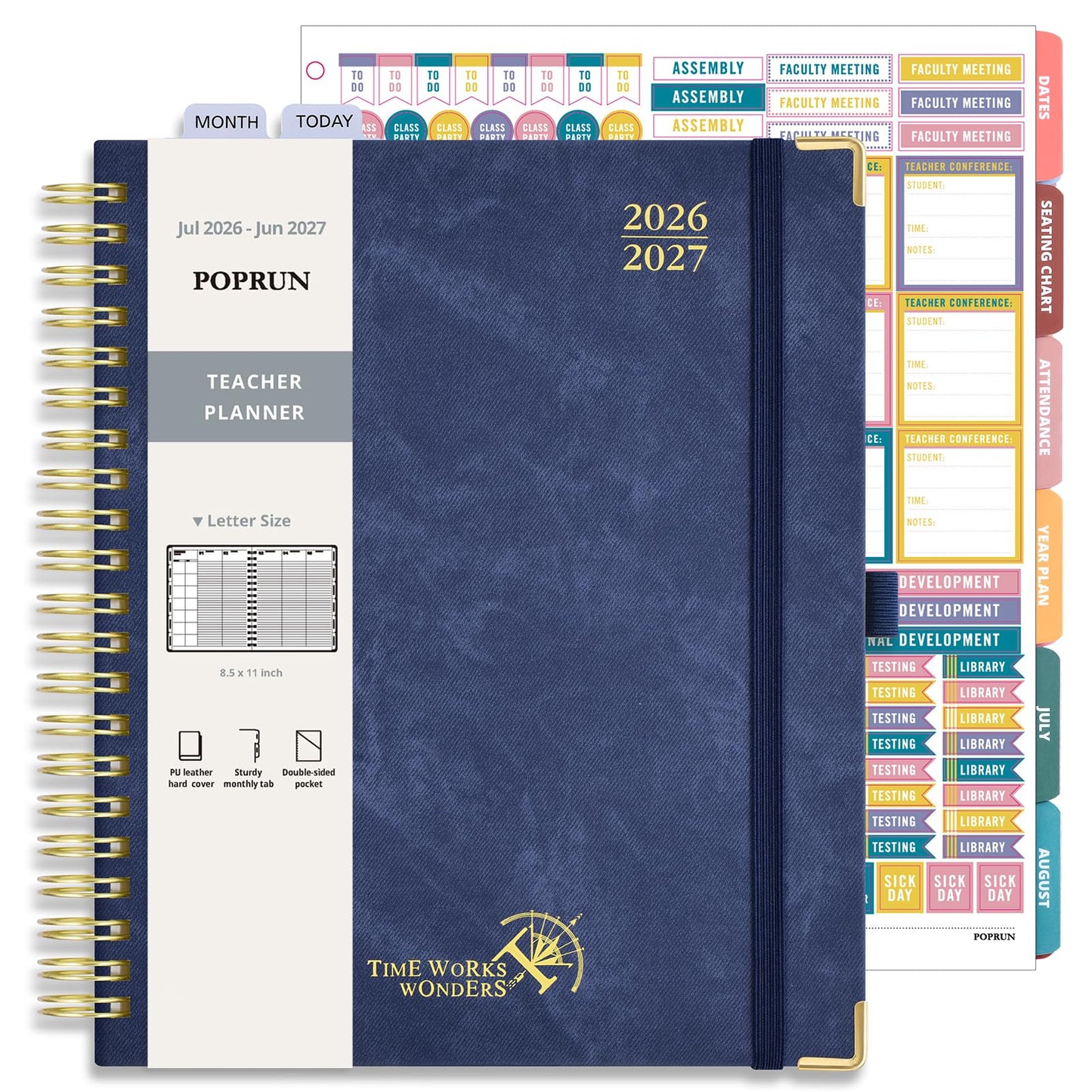 POPRUN Teacher Lesson Planner 2026-2027, Large Size 8.5"x 11", Weekly Academic Year Calendar, July 2026 - June 2027, Hardcover Classroom Agenda Calendar with Monthly Tabs, Pockets and Stickers - Night Sky Blue